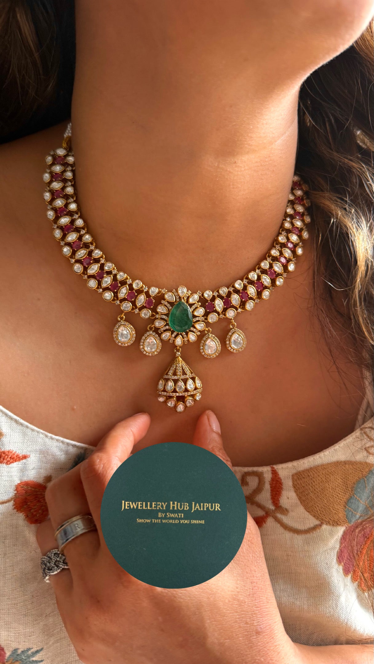 Emerald & rani pink doublets real Moissanite collar necklace