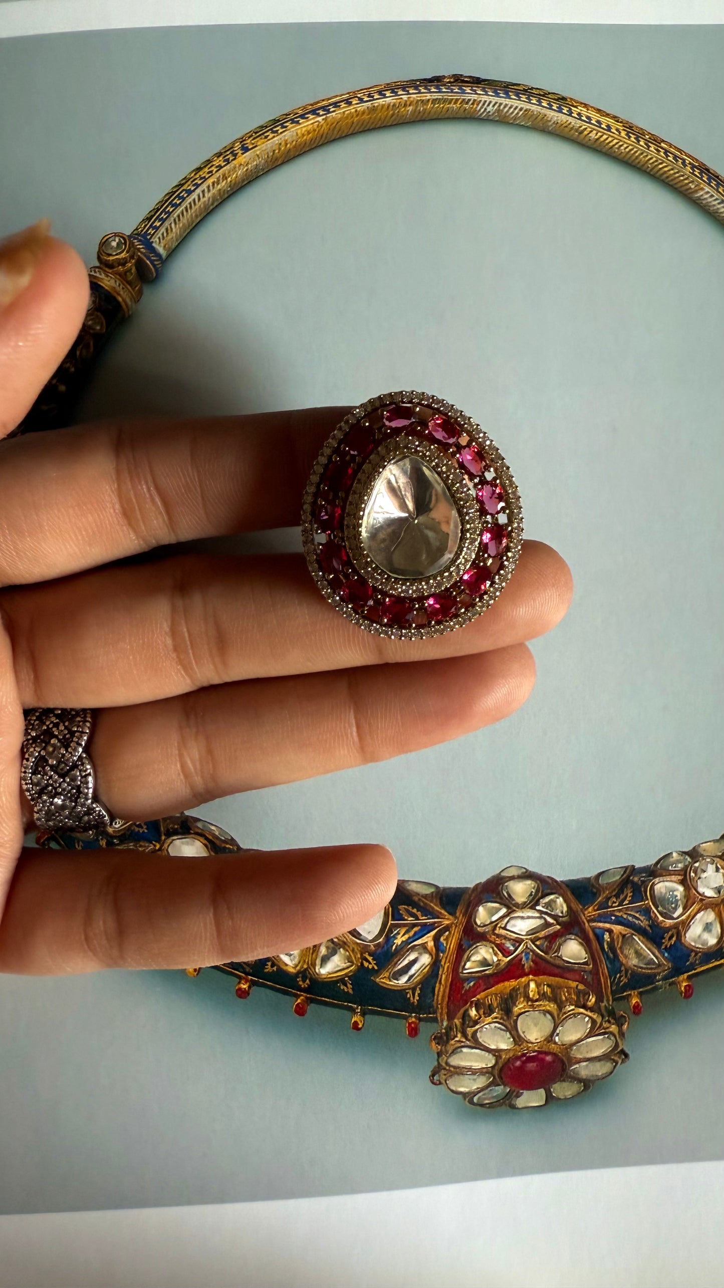 Rani pink Moissanite polki adjustable ring