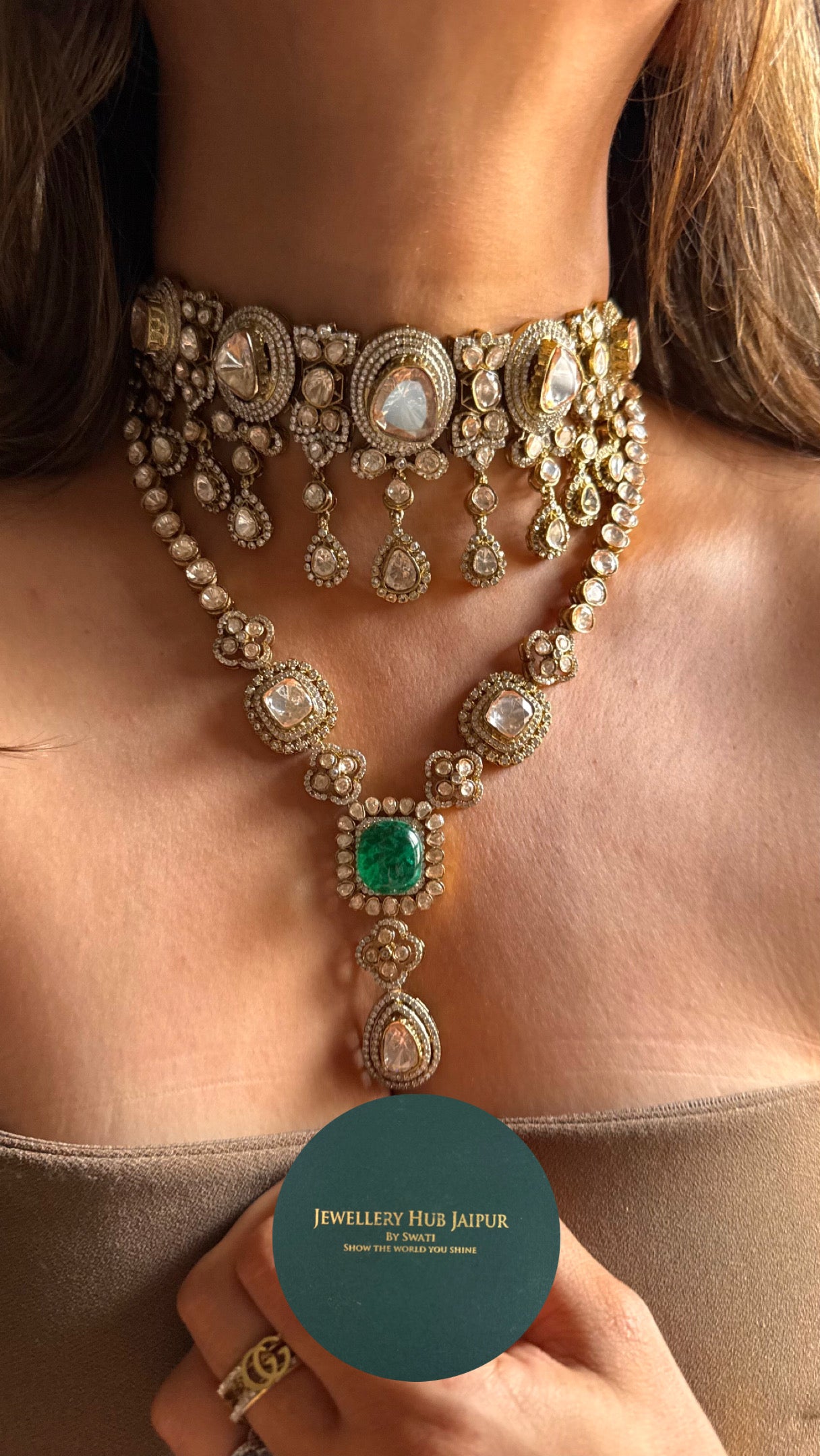 Emerald doublet with uncut peeli polki combo necklace