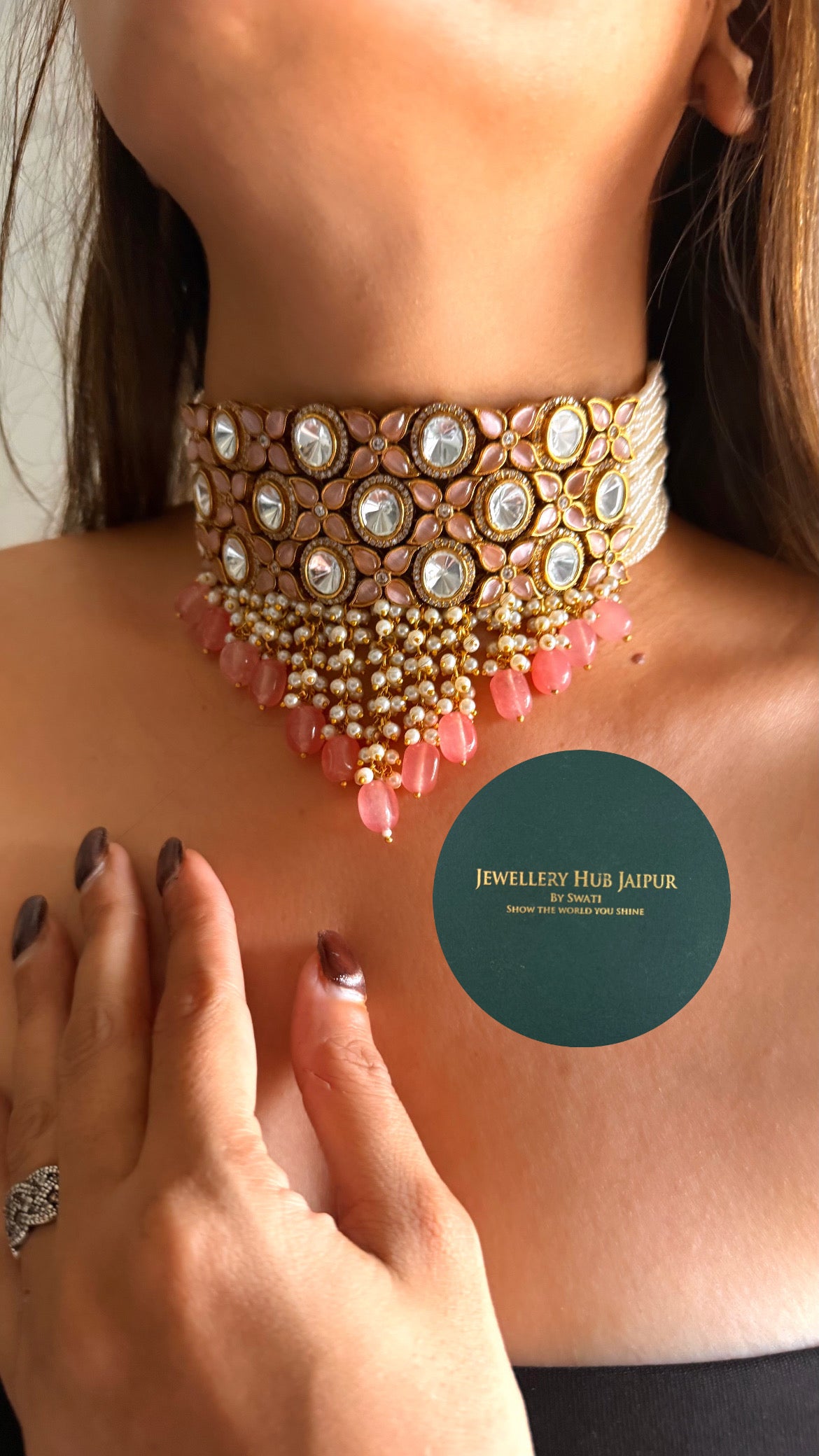 Rose quartz moissanite uncut thread choker set