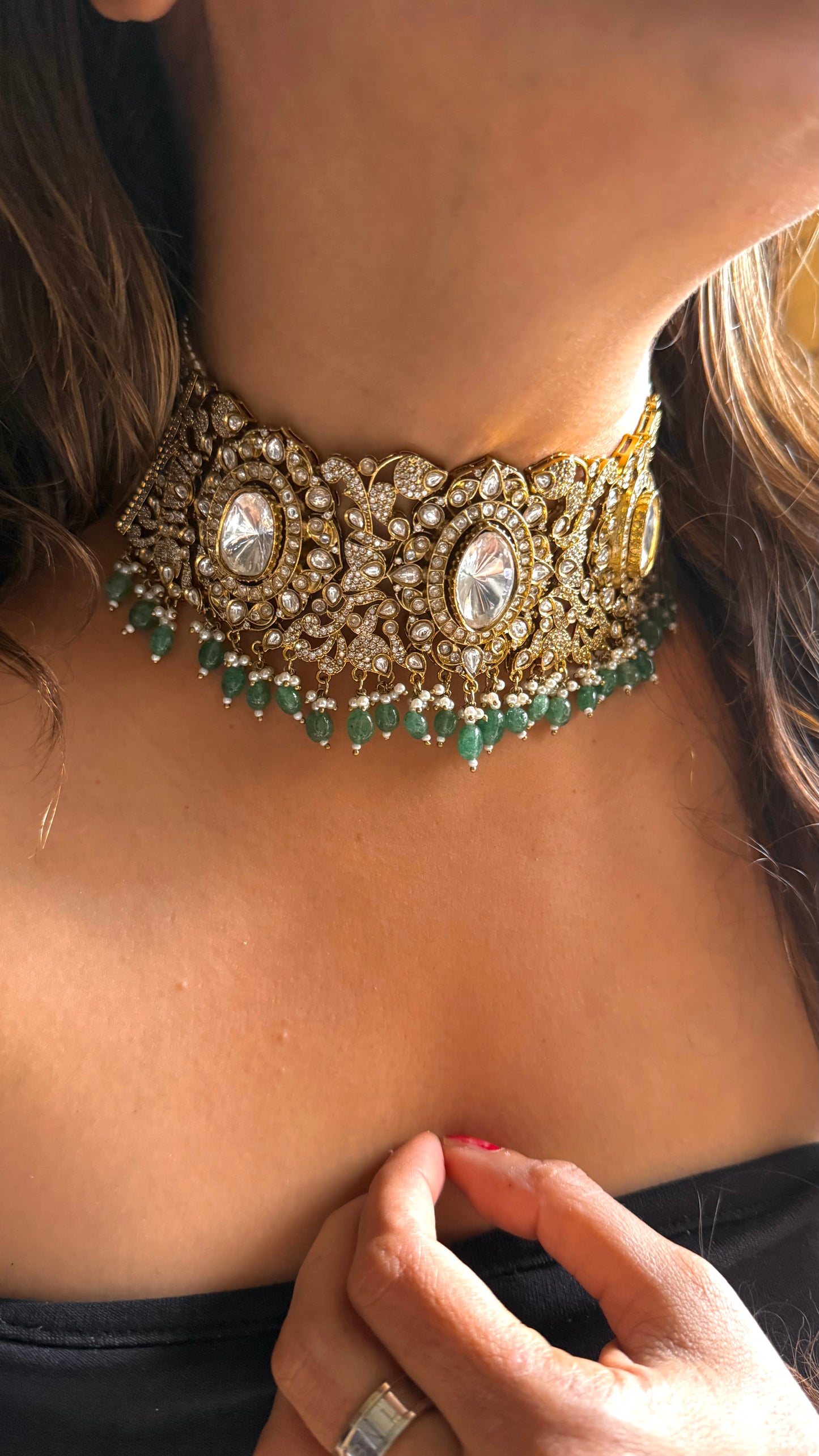 Uncut polki heritage designer necklace with mint drop detailing