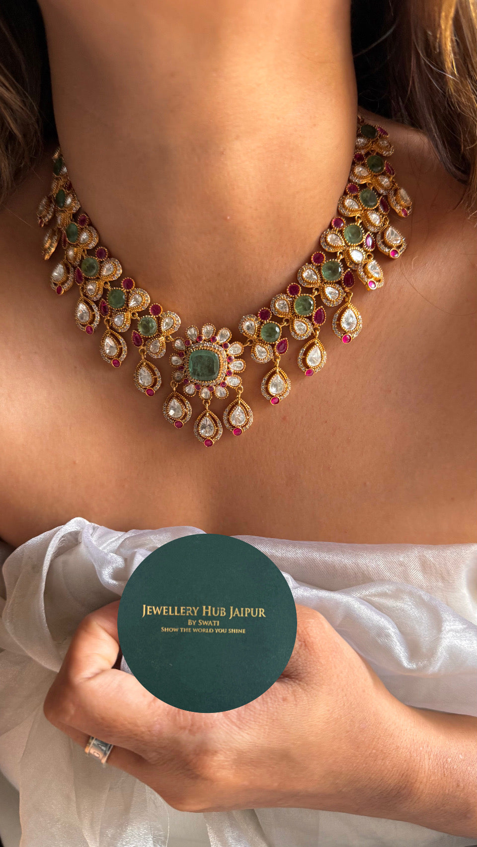 Mint & Rani pink floral polki collar necklace