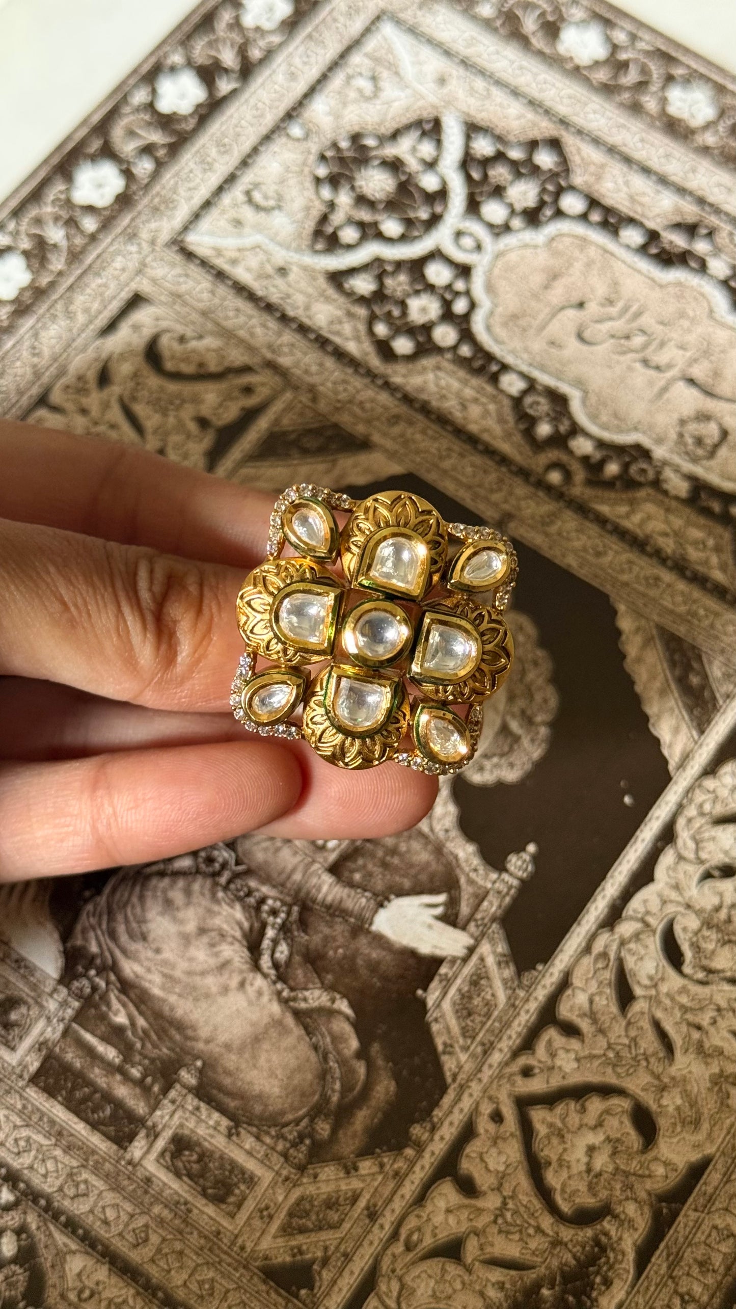 Moissanite polki & emerald meenakari adjustable ring