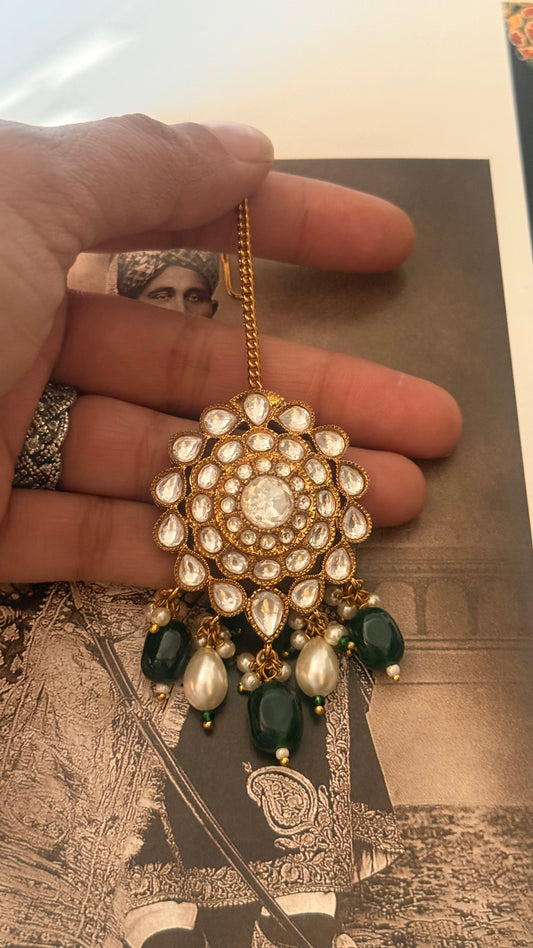 Polki maangtika with emerald drops