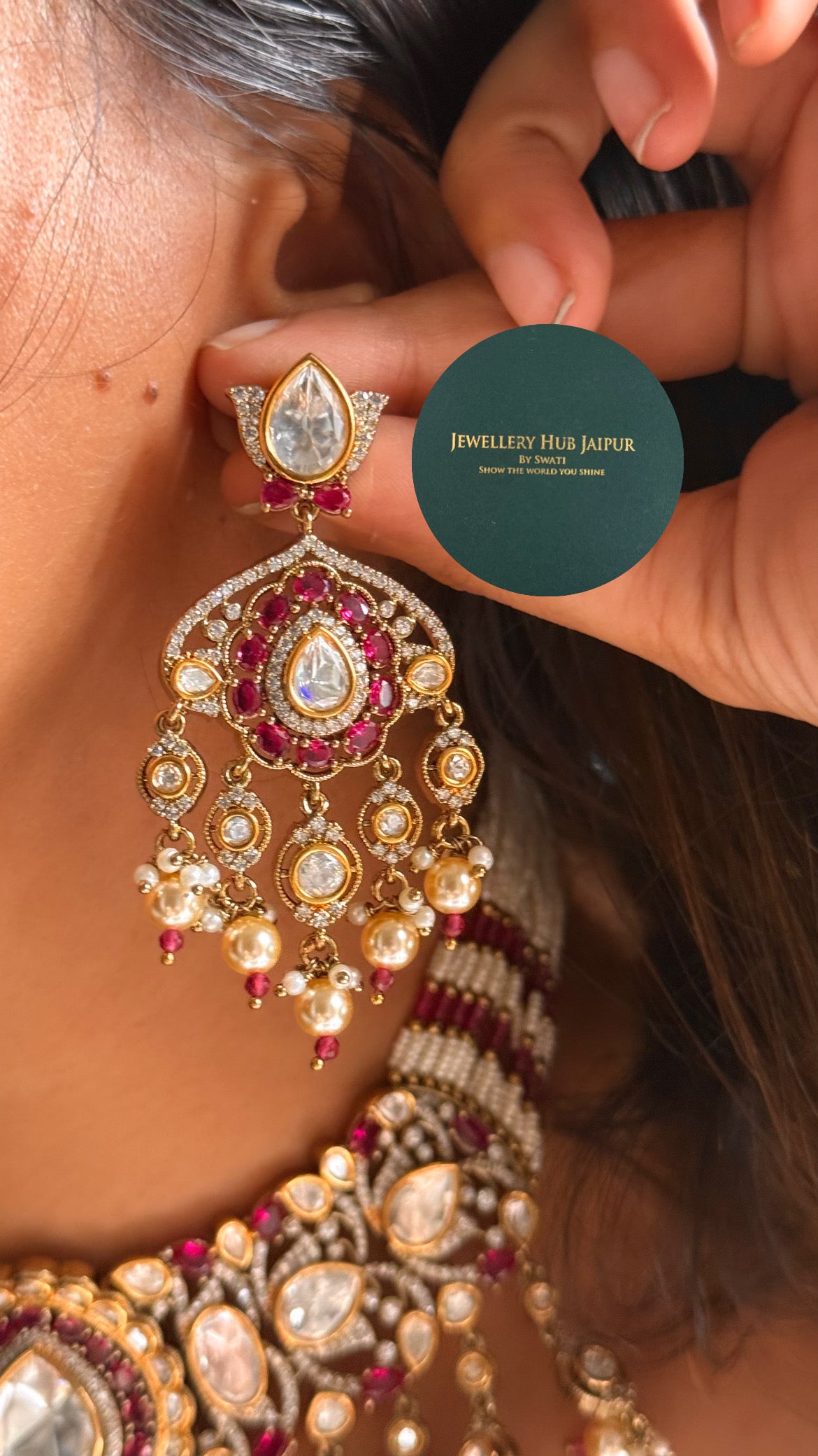 Rani pink uncut polki with pearl drop choker set