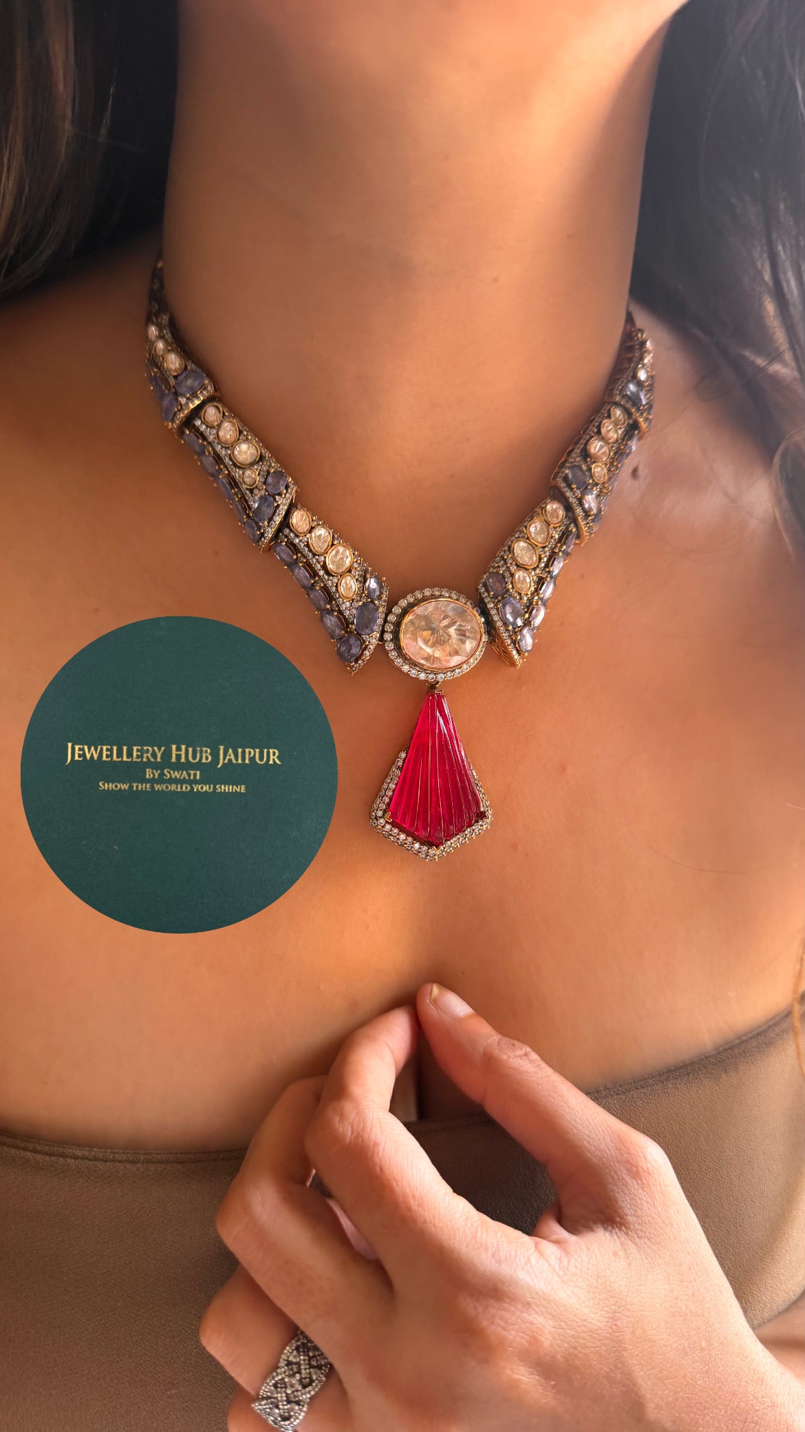 Ruby doublet & tanzanite moissanite designer cocktail collar set