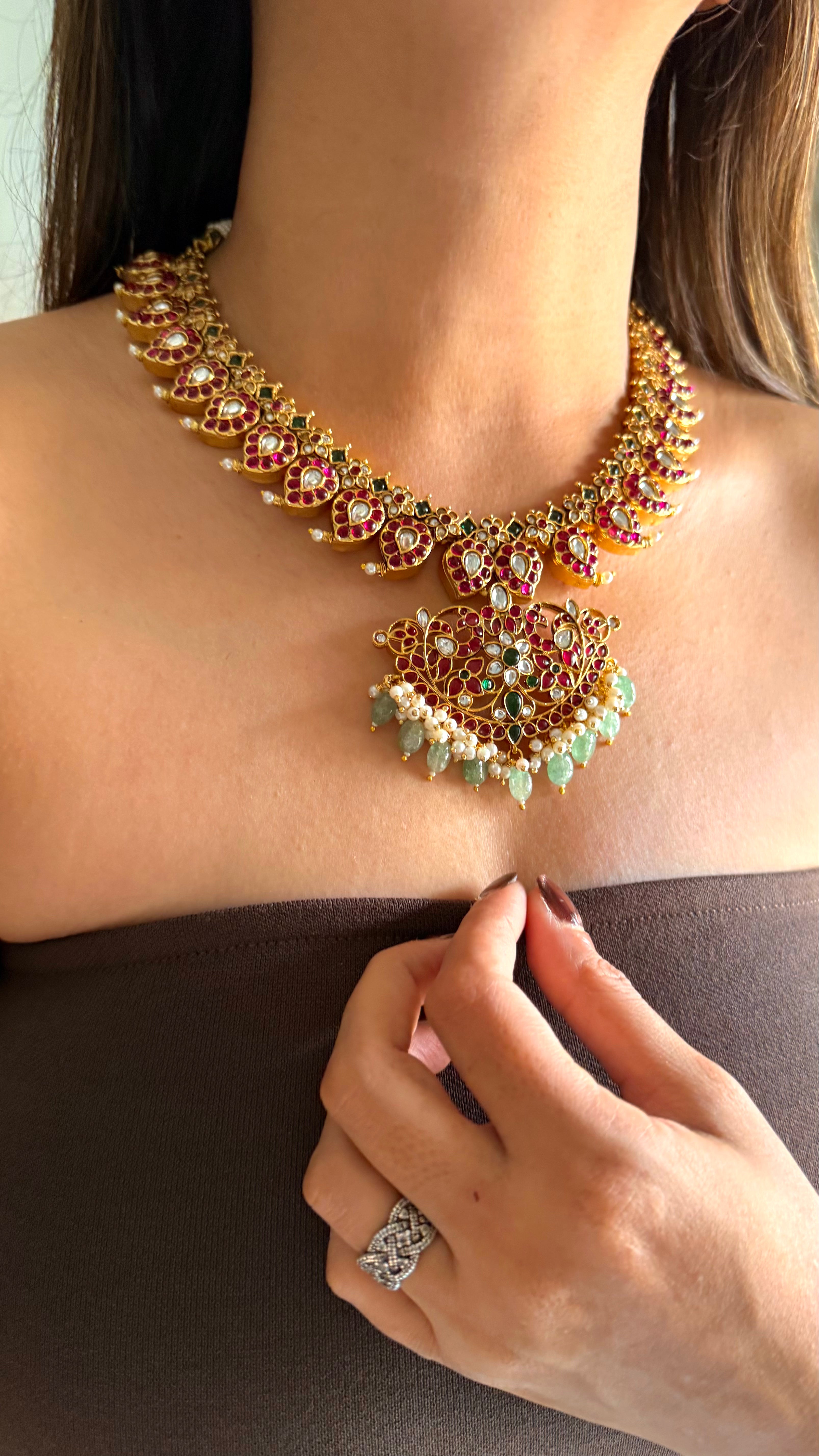 Rani pink & mint keri design temple jewellery set