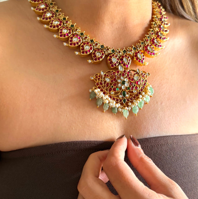 Rani pink & mint keri design temple jewellery set