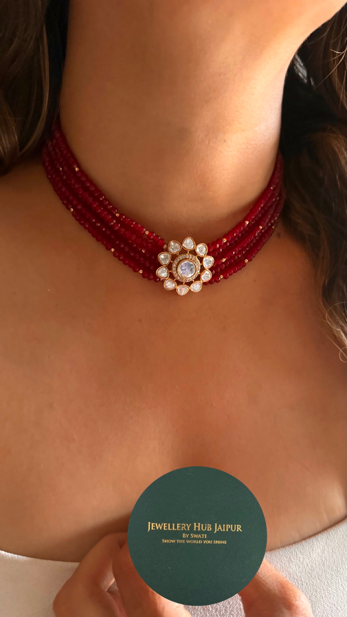 Real Moissanite floral polki rani pink ruby pearl detailing choker necklace