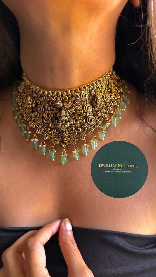Goddess laxmi with mint drop temple choker set