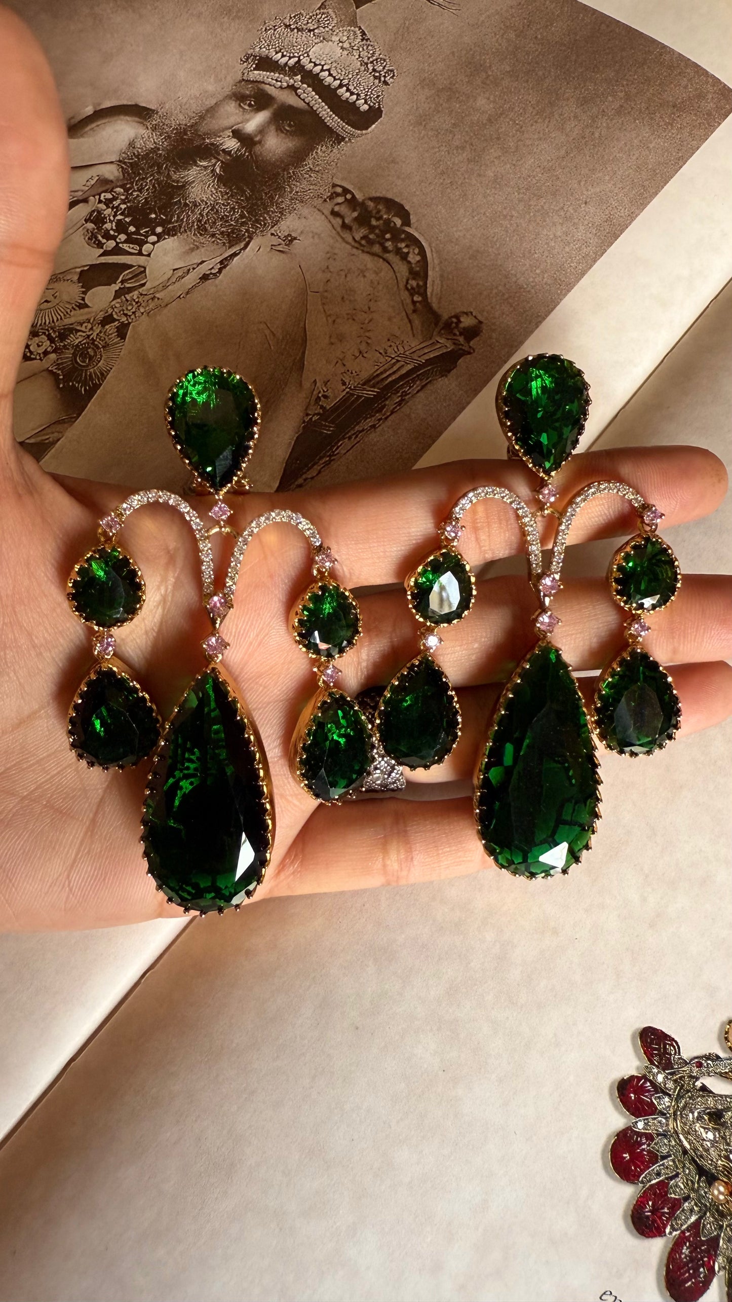Sabhyasachi inspired emerald & rose quartz danglers