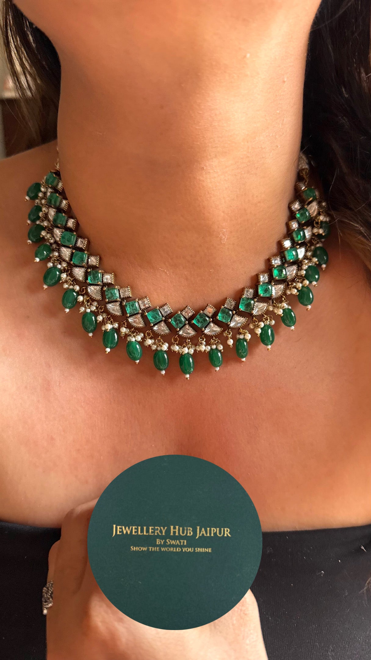 Emerald doublet with drops minimalist collar Necklace