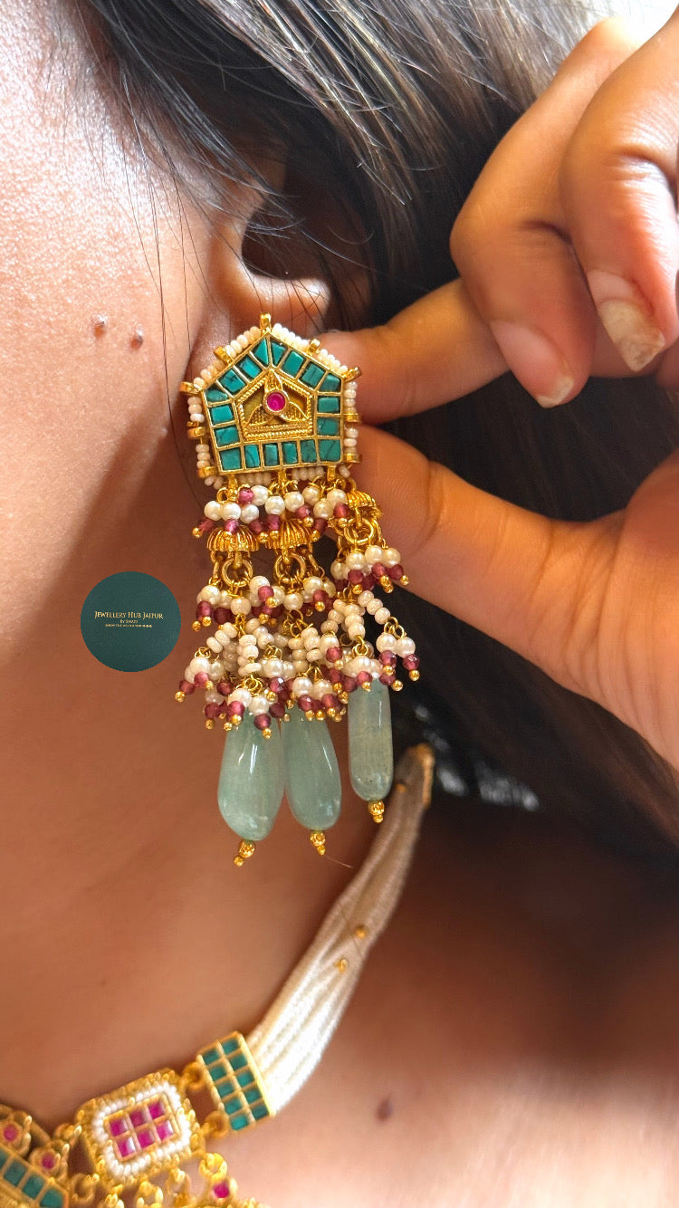 Paachi Royal Rani pink flora, mint & emerald rajwada choker set