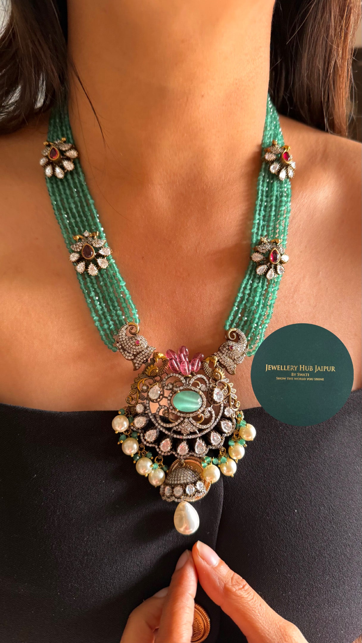 Mint victorian Chandi polki long necklace