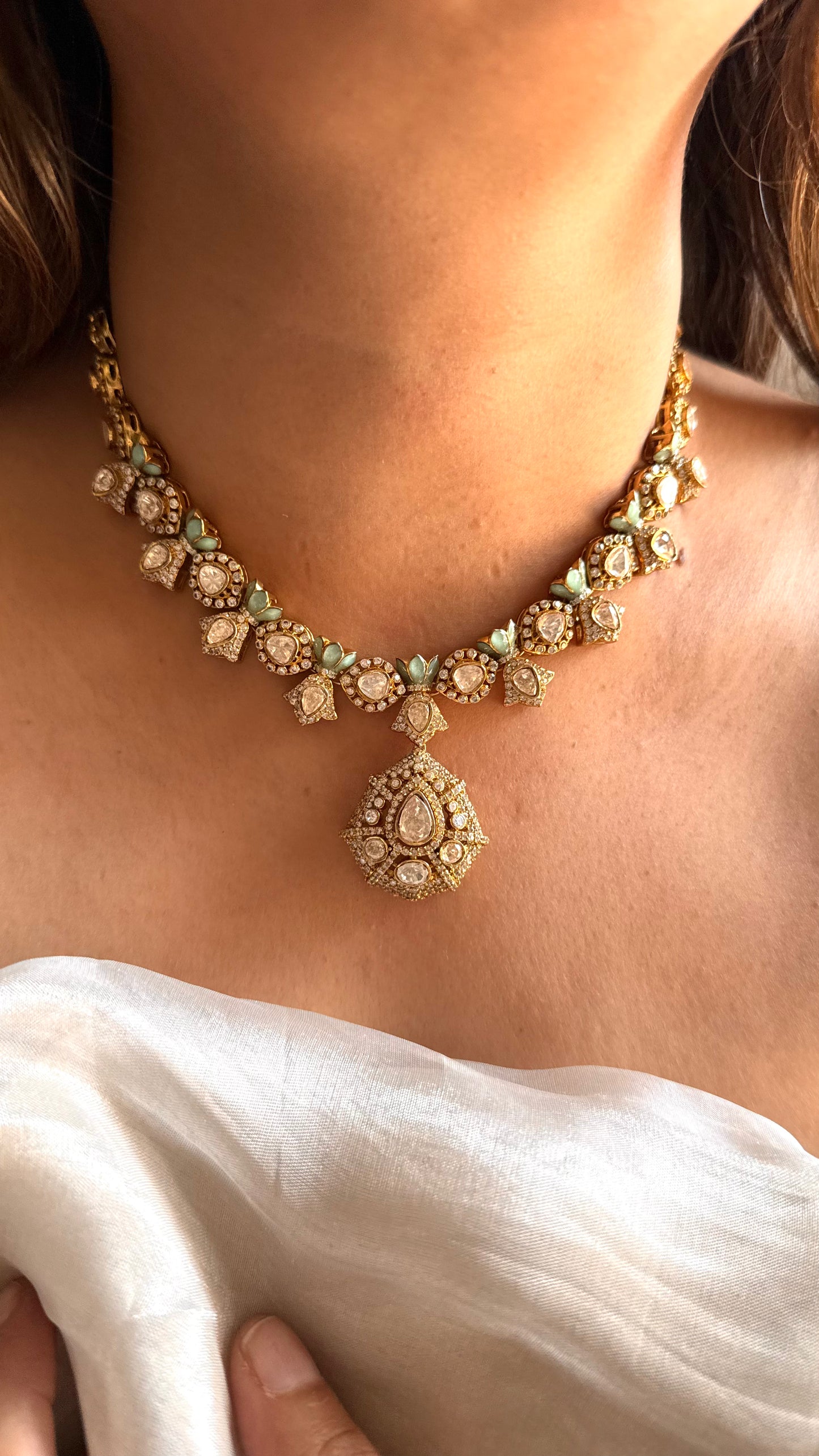 Mint Lv Polki lotus inspired Designer Necklace