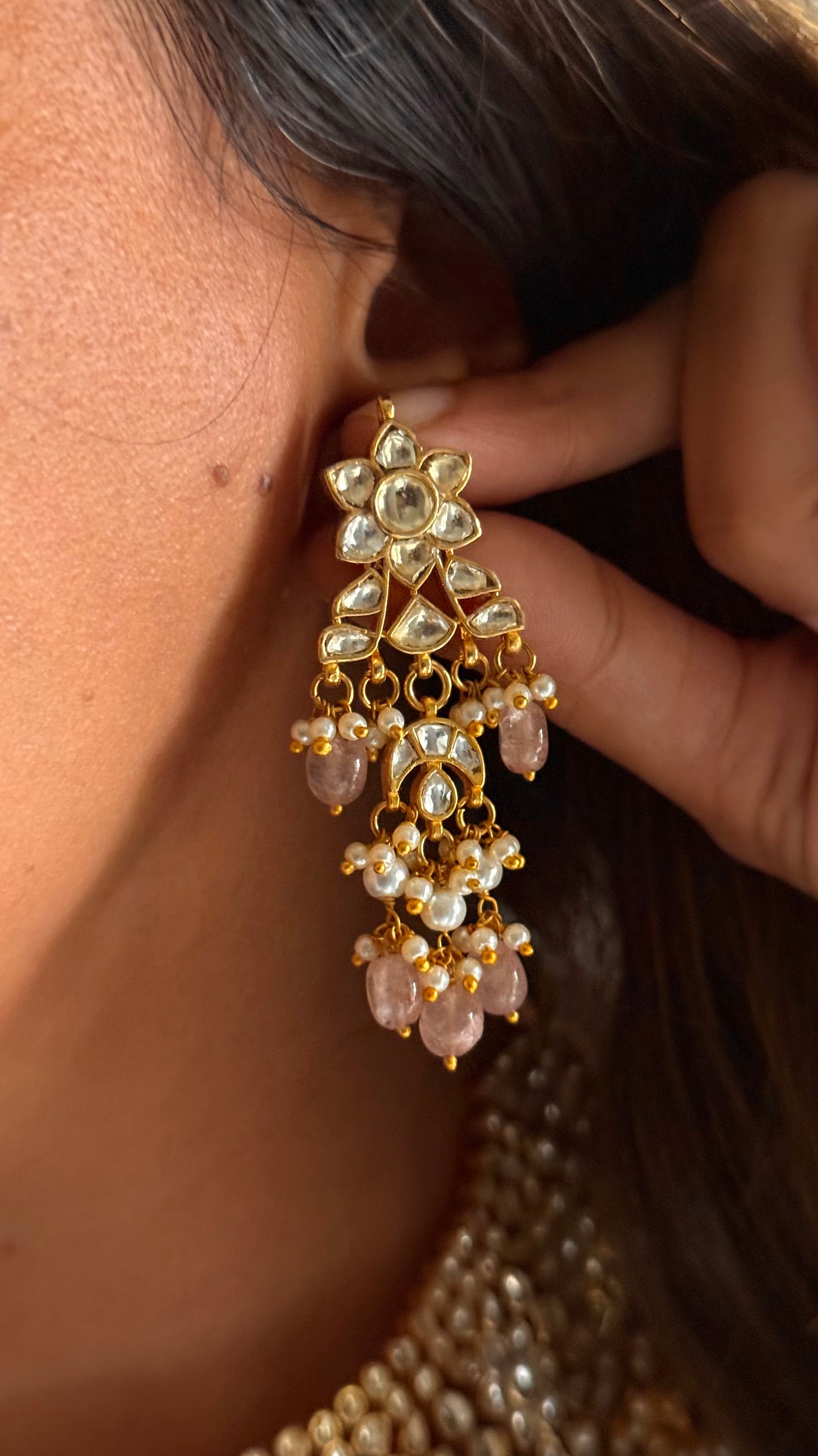 Pachi kundan with rose quartz strawberry detailing Necklace