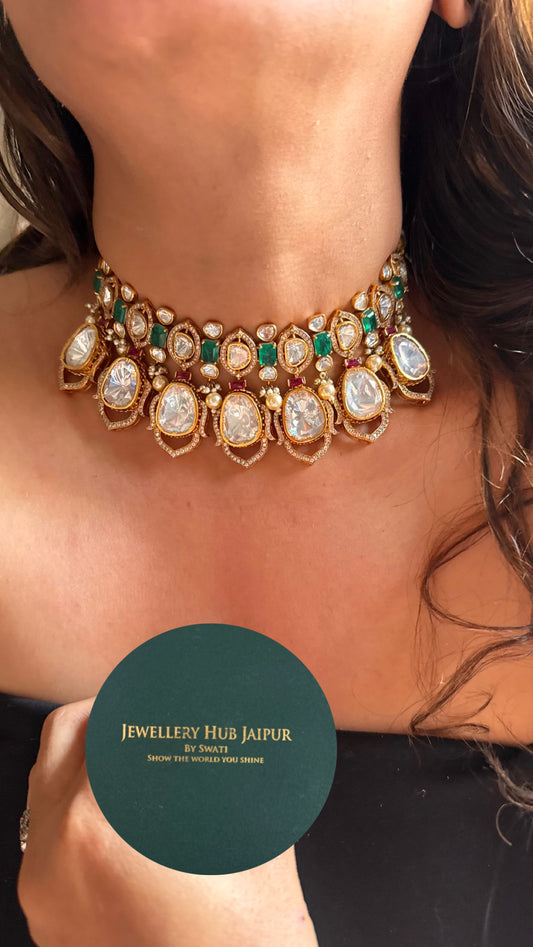 Emerald doublet &rani pink ruby with real moissanite polki choker Necklace