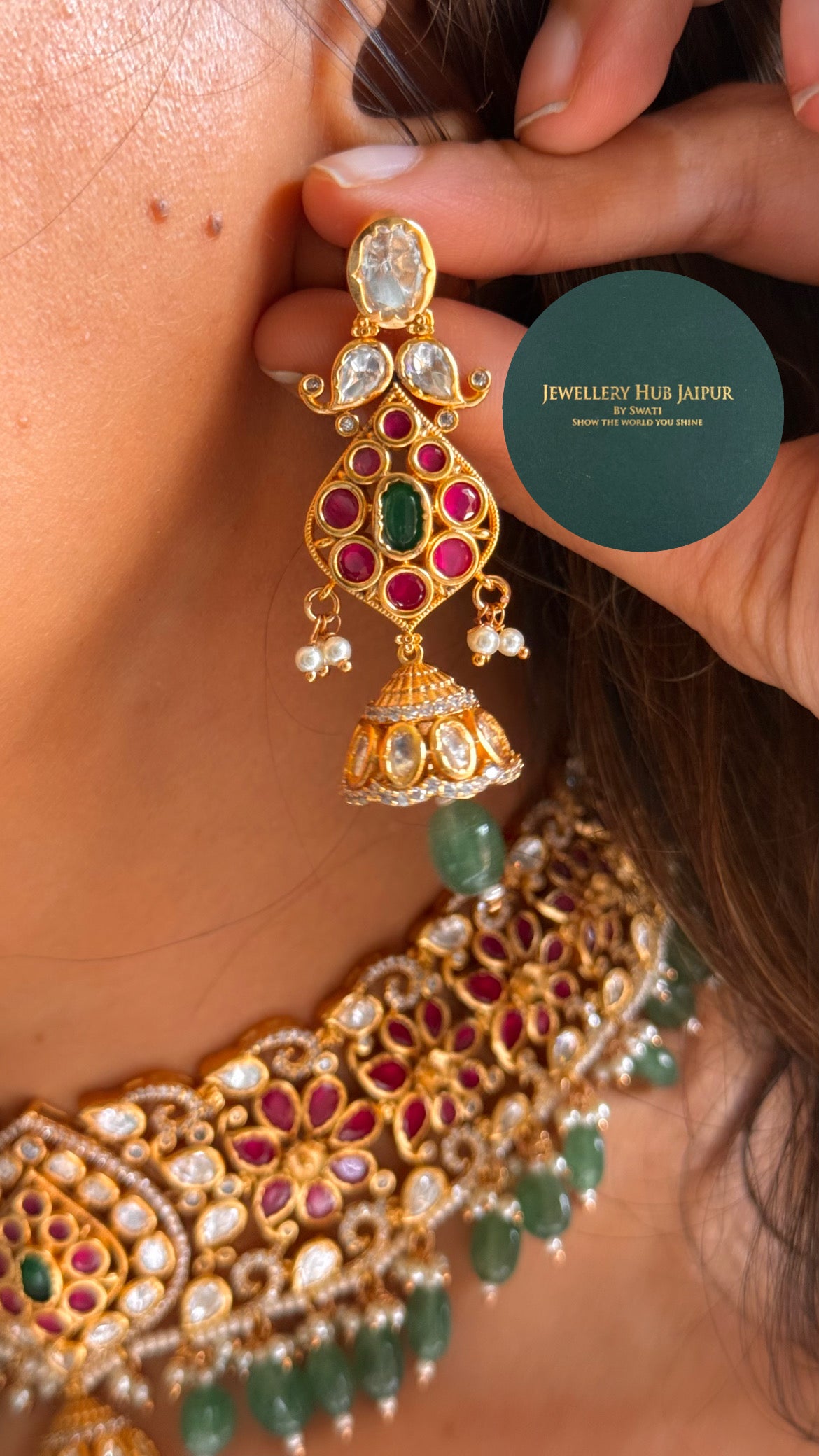 Emerald & ruby floral design with mint drop rajwada choker set