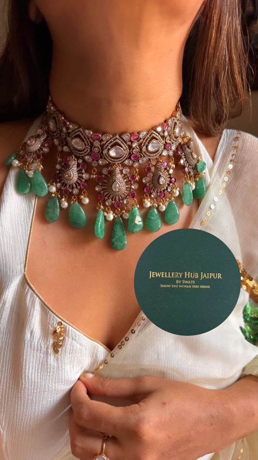 Rani pink moissanite floral with mint drop choker set