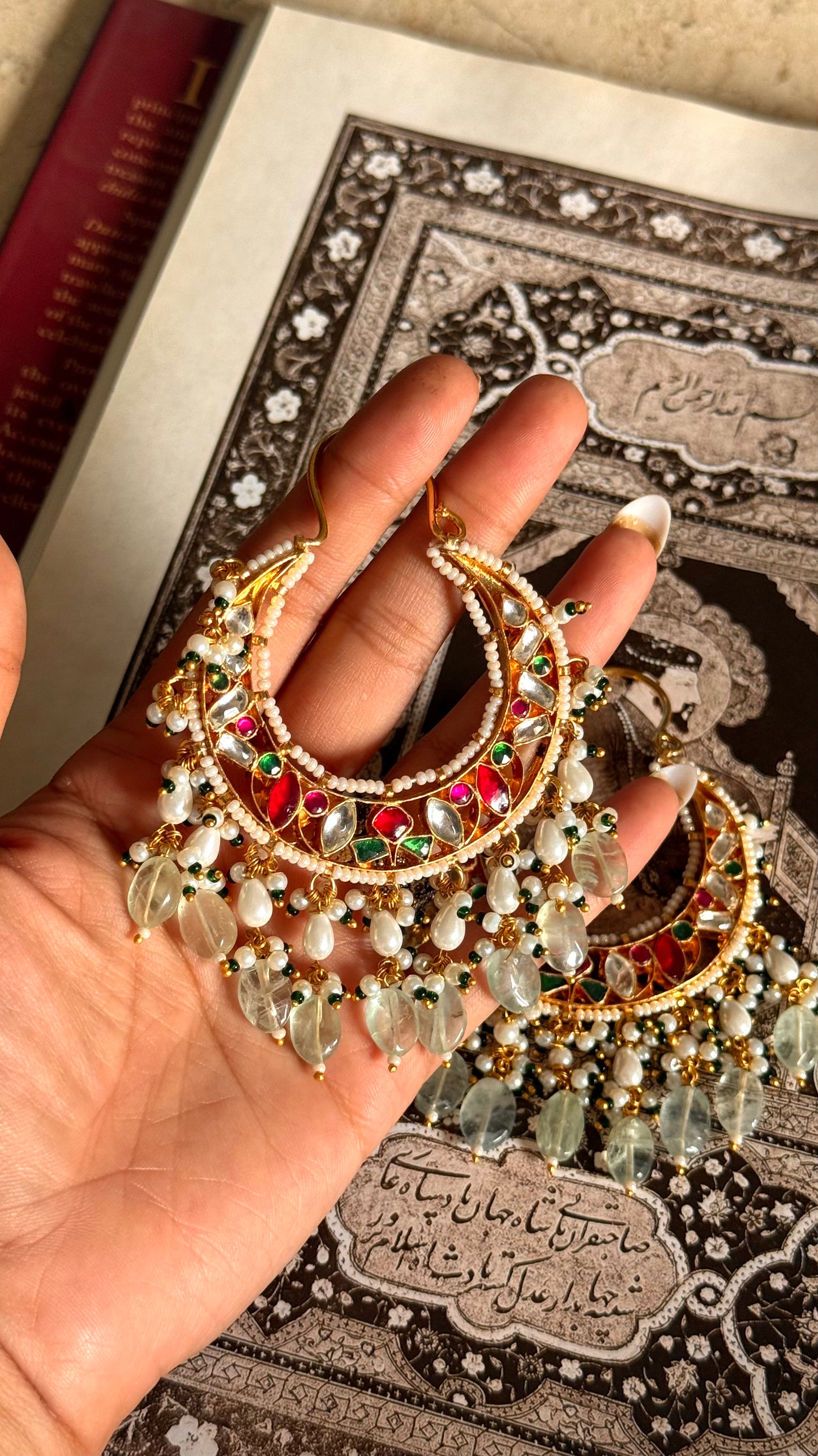 Paachi rani pink & emerald rajwada earrings with mint drop