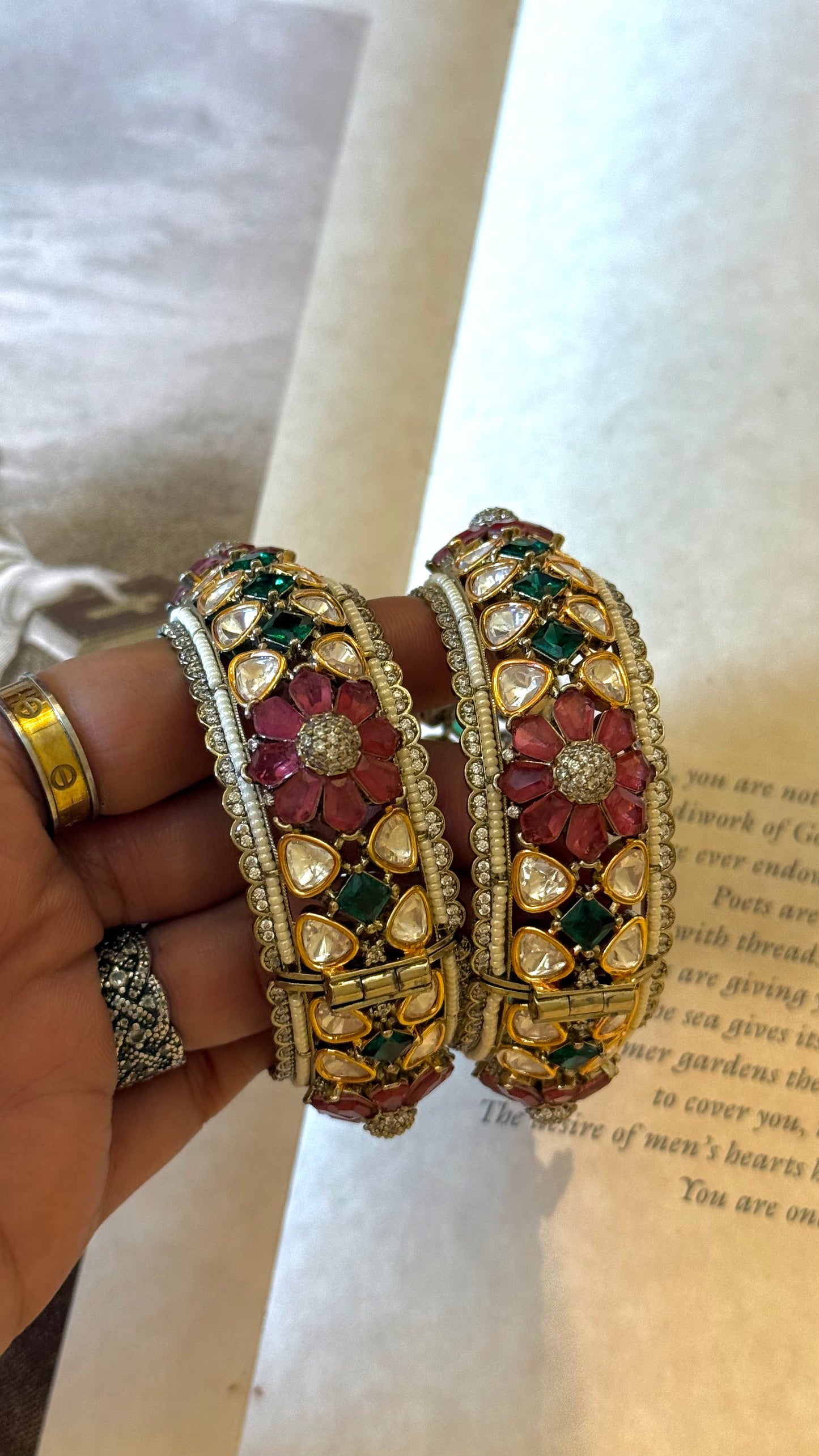 Mauve floral & emerald dual polish polki bangles