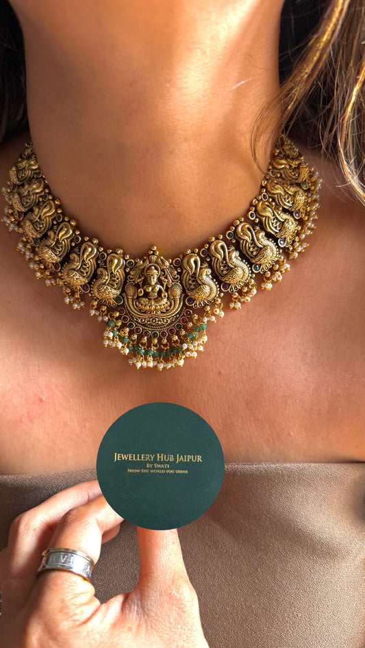 Goddesss Laxmi mint & pearl nakshi temple necklace