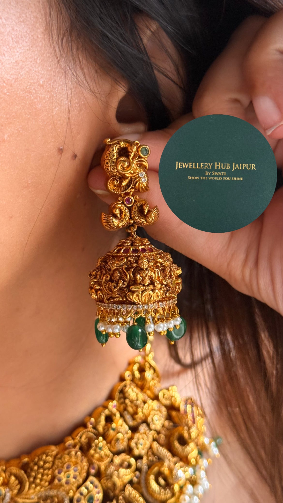 Goddess laxmi & rani pink peacock design with emerald & pearl drop temple choker set