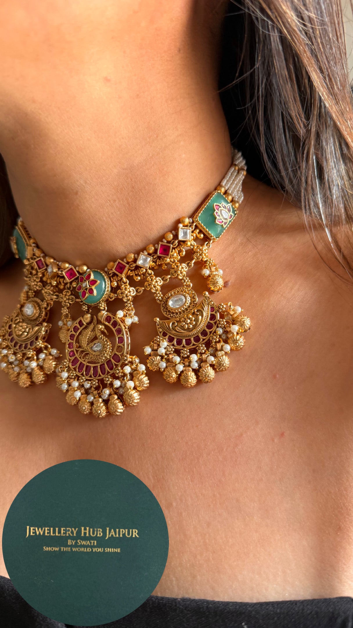 Mint rani pink floral inlay heritage necklace