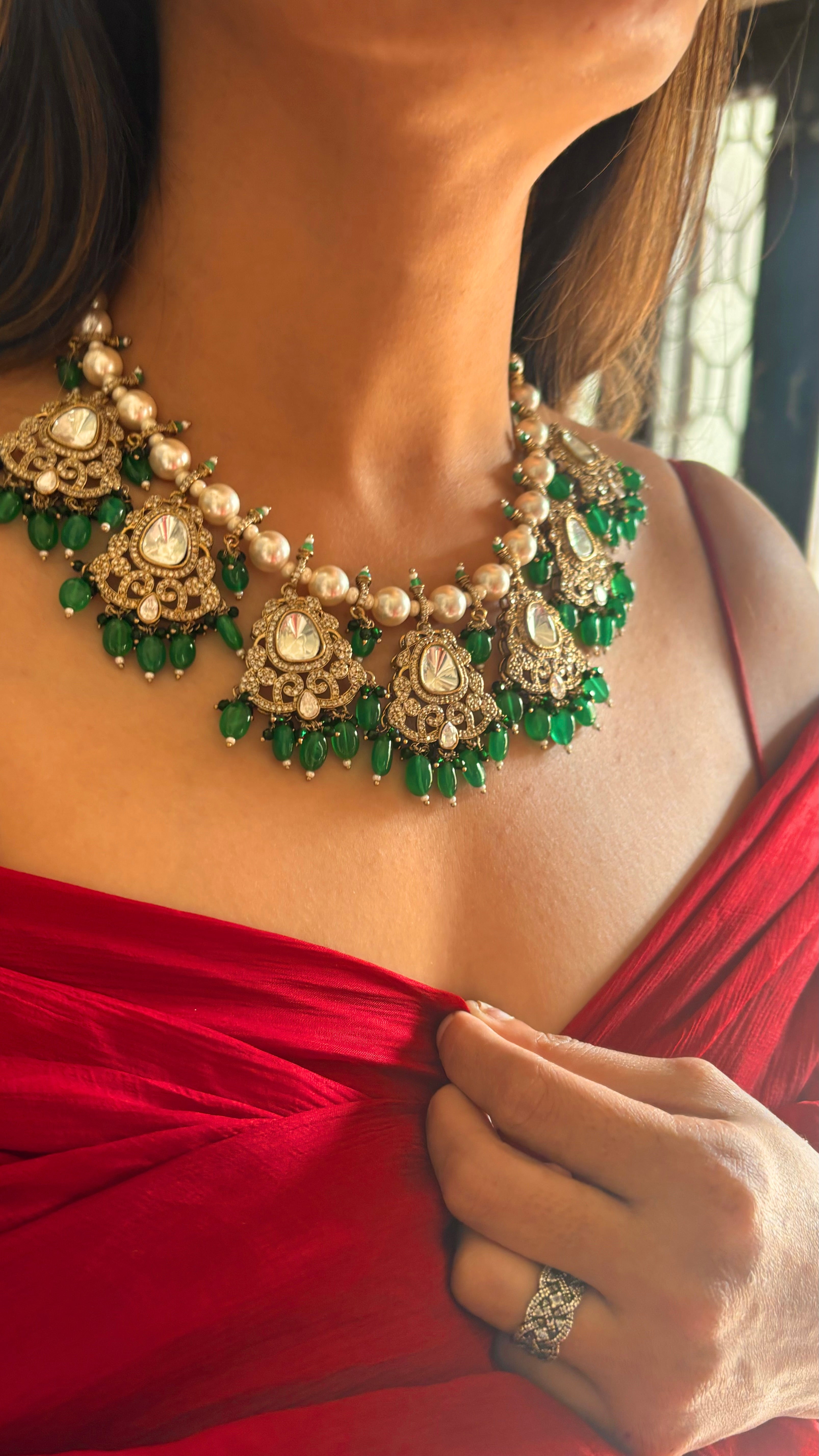 Emerald pearl victorian necklace