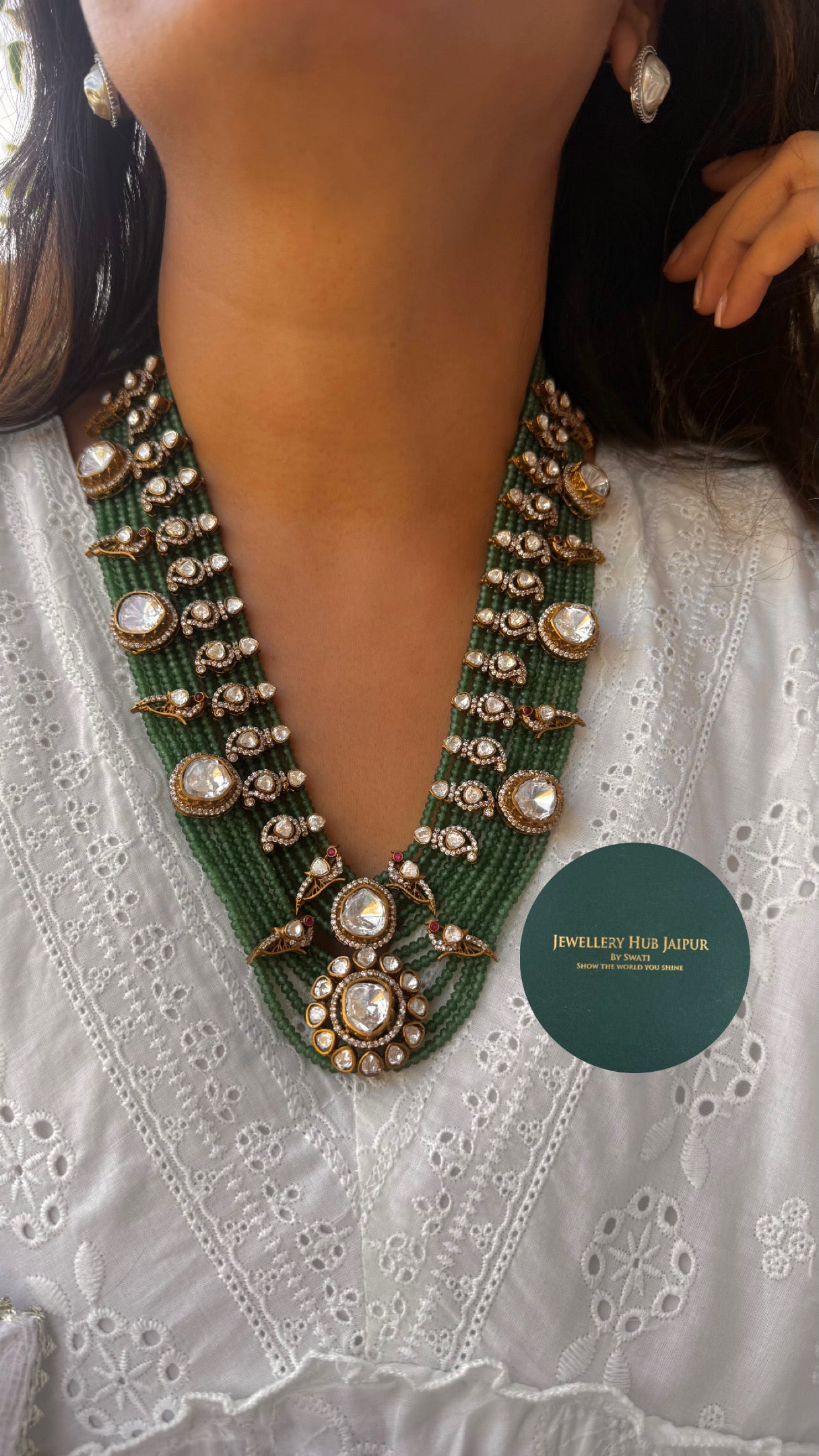 Emerald unisex uncut polki mala with earrings