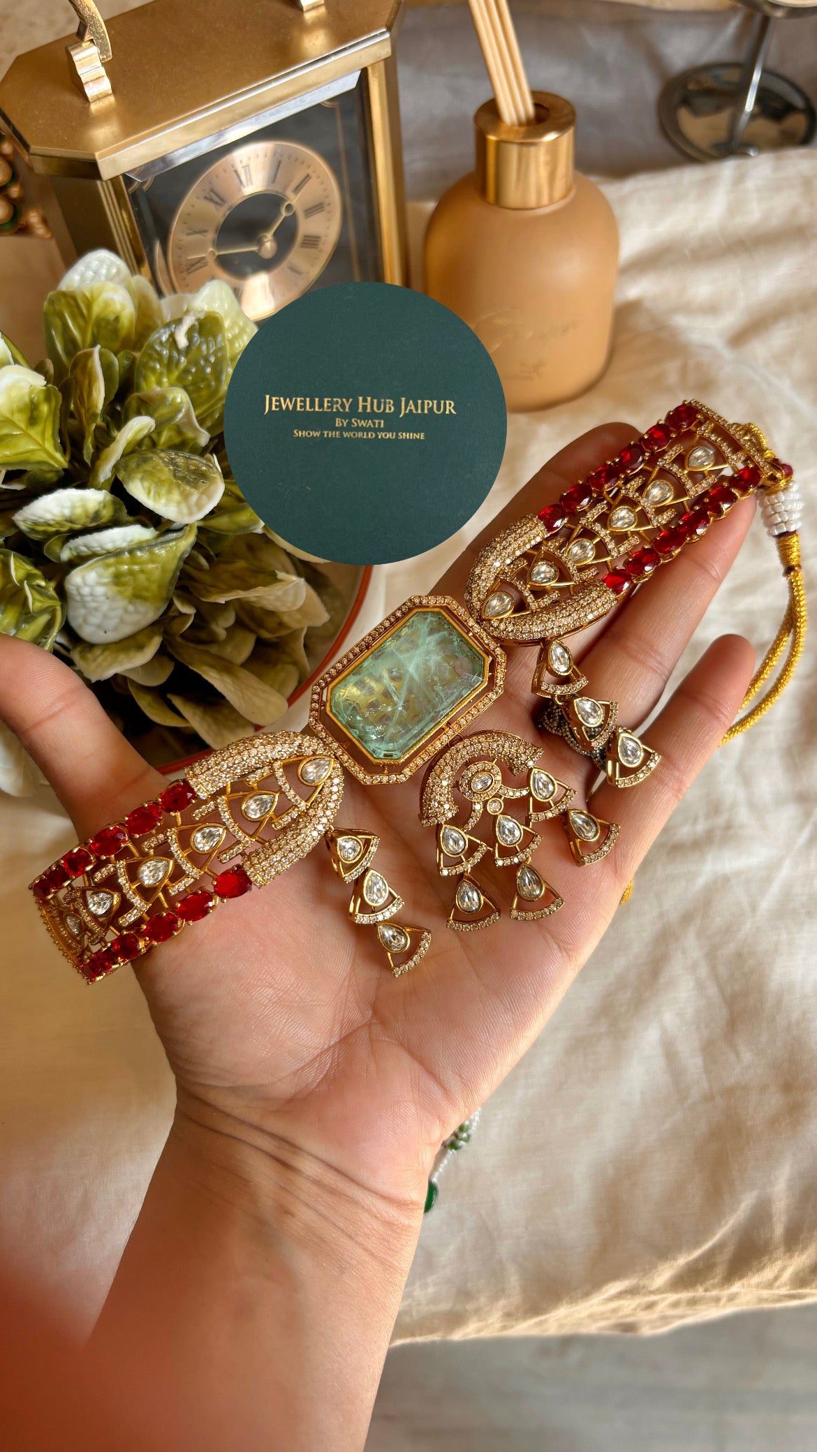 Noor Mint ruby designer polki choker necklace with earrings