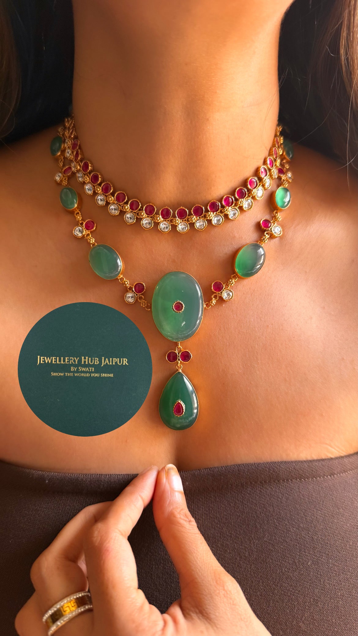 Amrapali inspired Natural stone Emerald & rani pink moissanite dual layer collar set