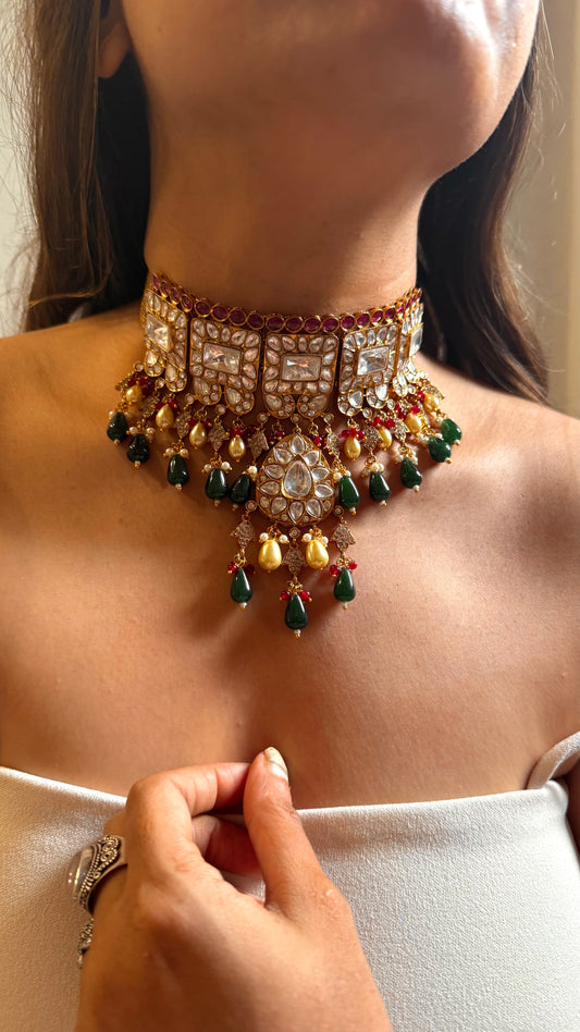 Ruby & polki kundan with emerald & pearl drop choker set