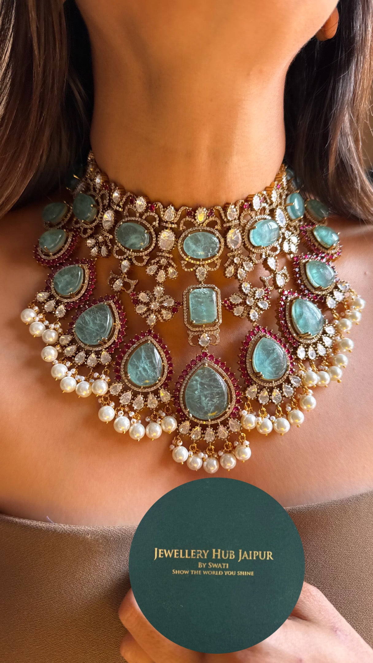 Celebrity inspired mint & rani pink statement necklace