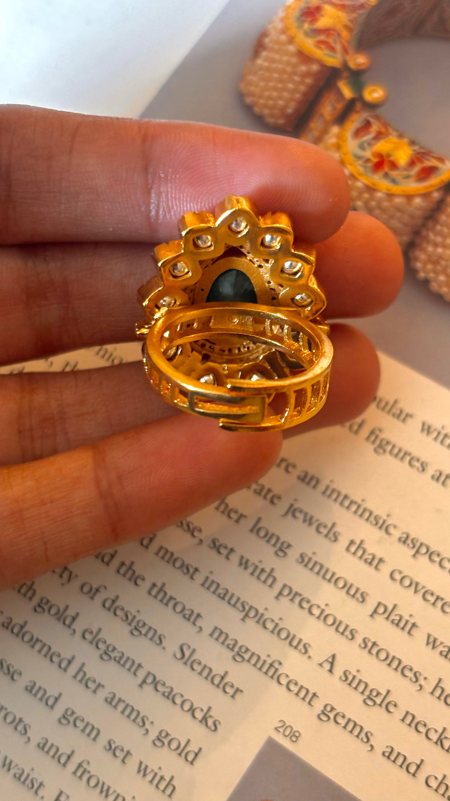 Emerald drop shape polki adjustable ring (lv)