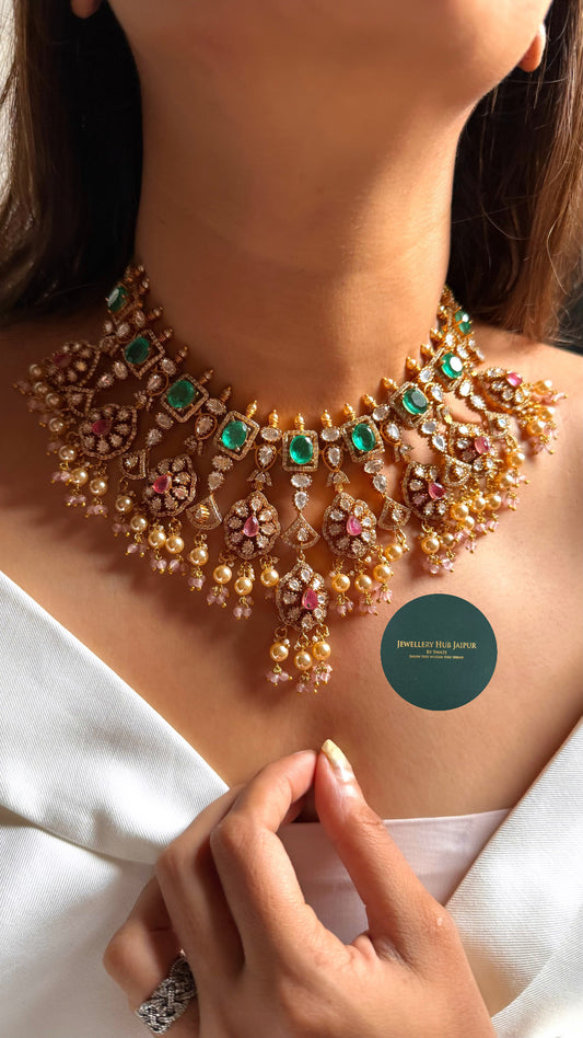 Prachi Rose quartz & emerald moissanite floral collar set