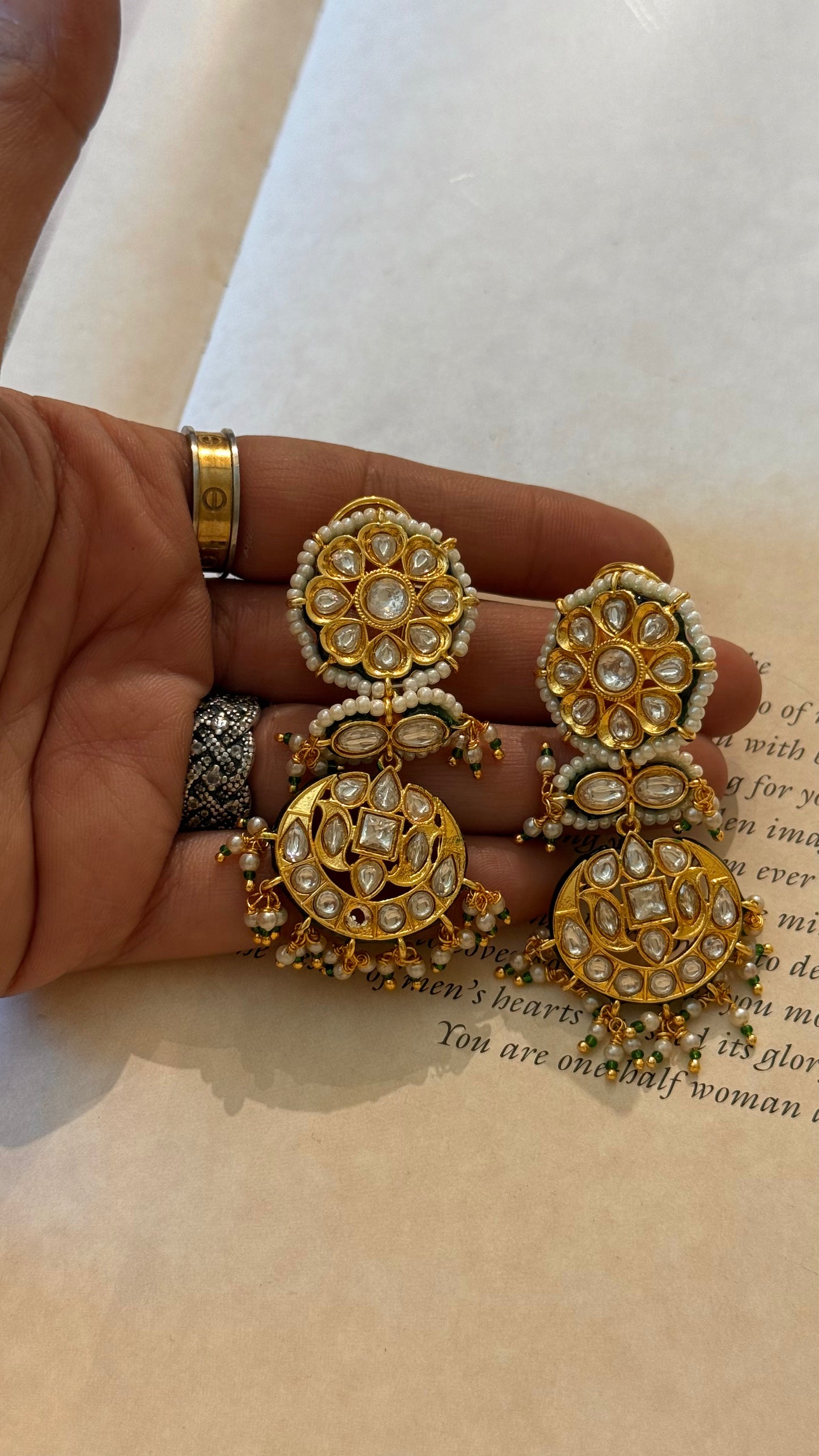 Meenakari gold polki earrings with pearl hangings