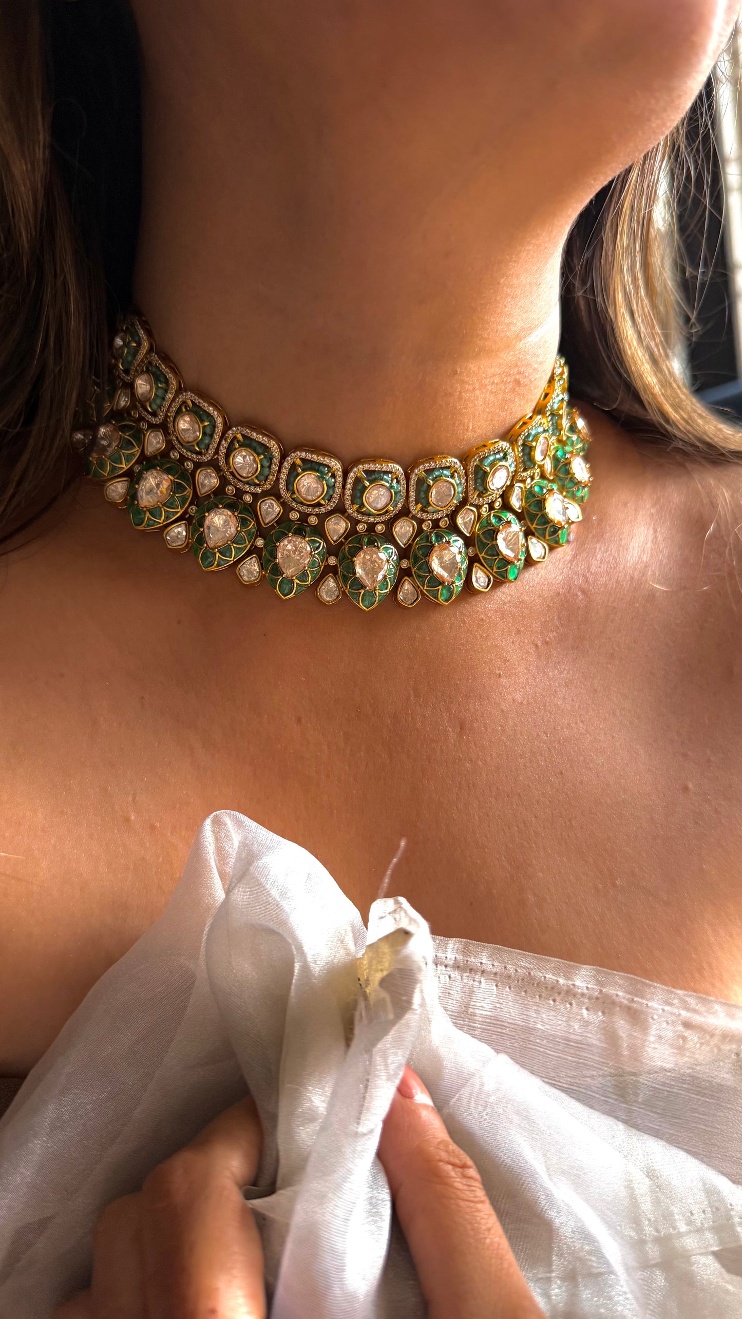 Emerald & Turquoise Lv shade Polki Choker Necklace