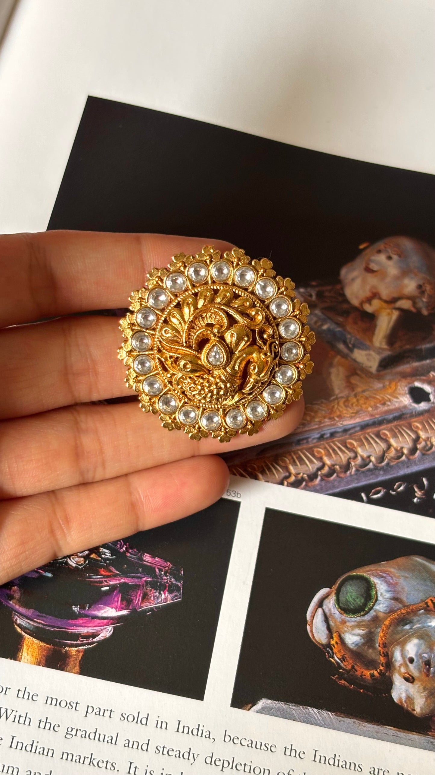 Peacock designer gold rajwada white polki ring