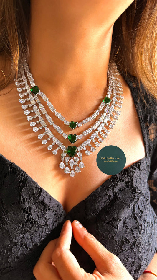 Soni Emerald heart diamond triple layer necklace