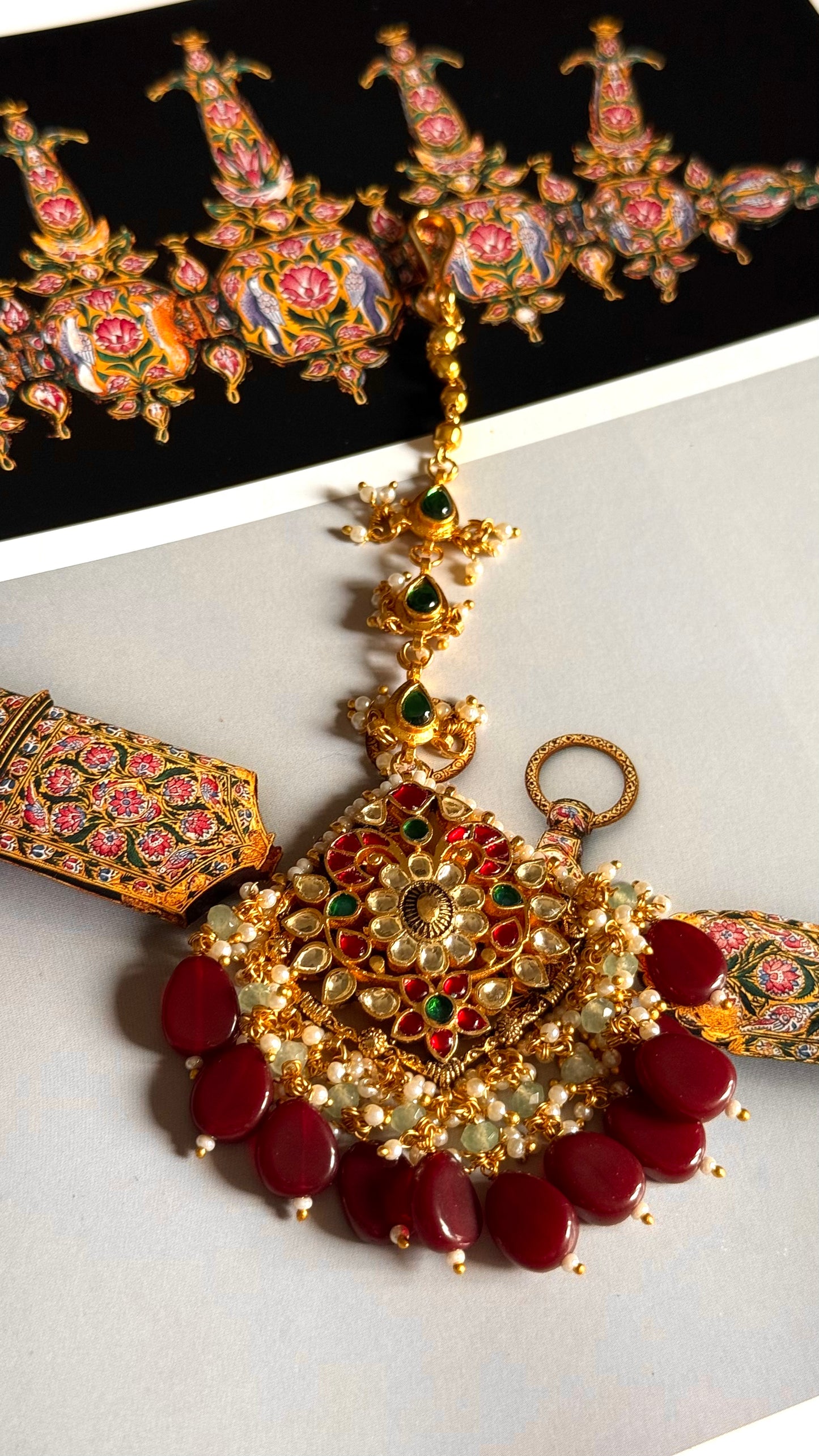 Paachi Ruby & emerald with ruby drops rajwada maangtika & earrings