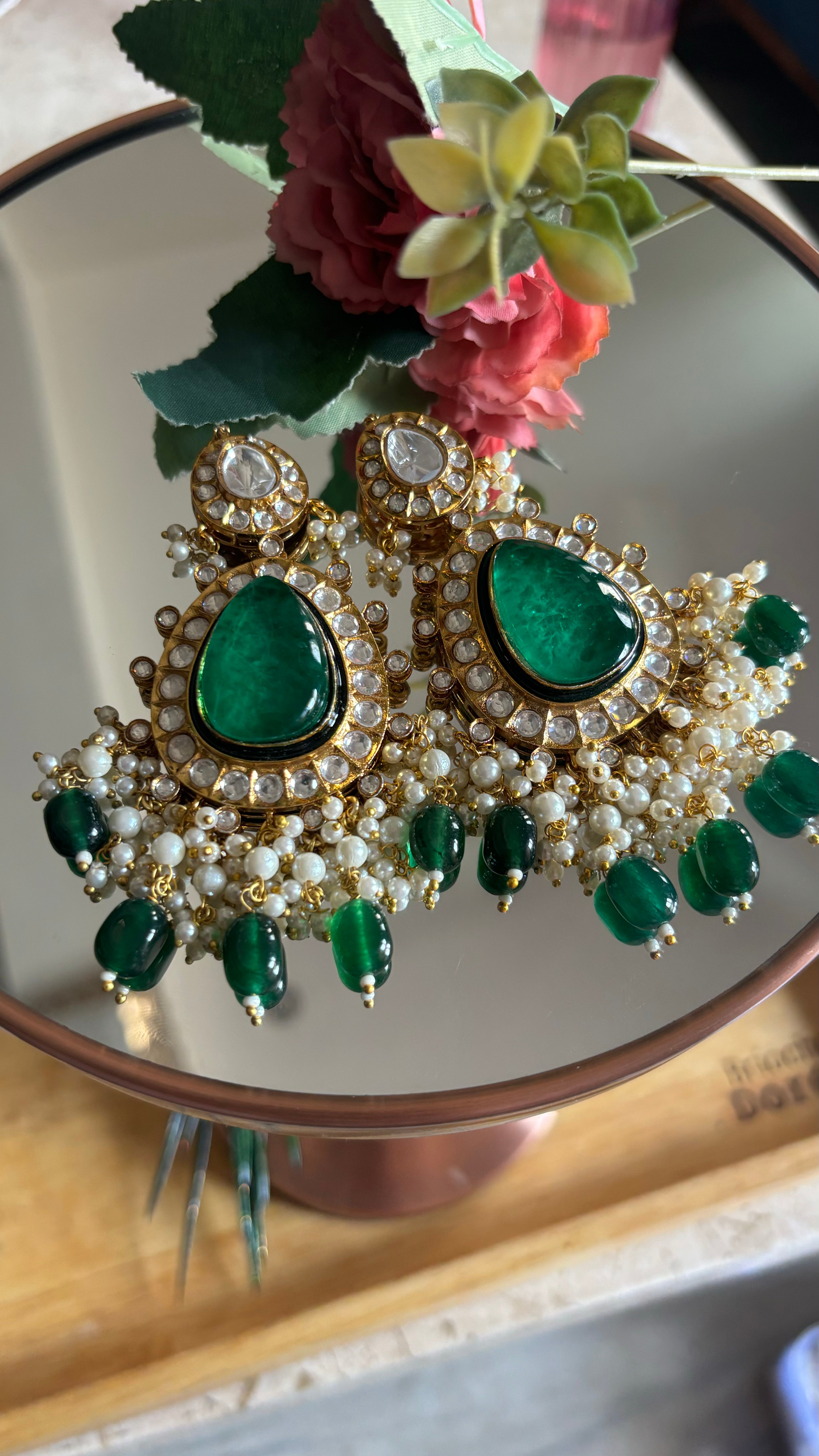 Emerald doublet meenakari earrings and maangtika