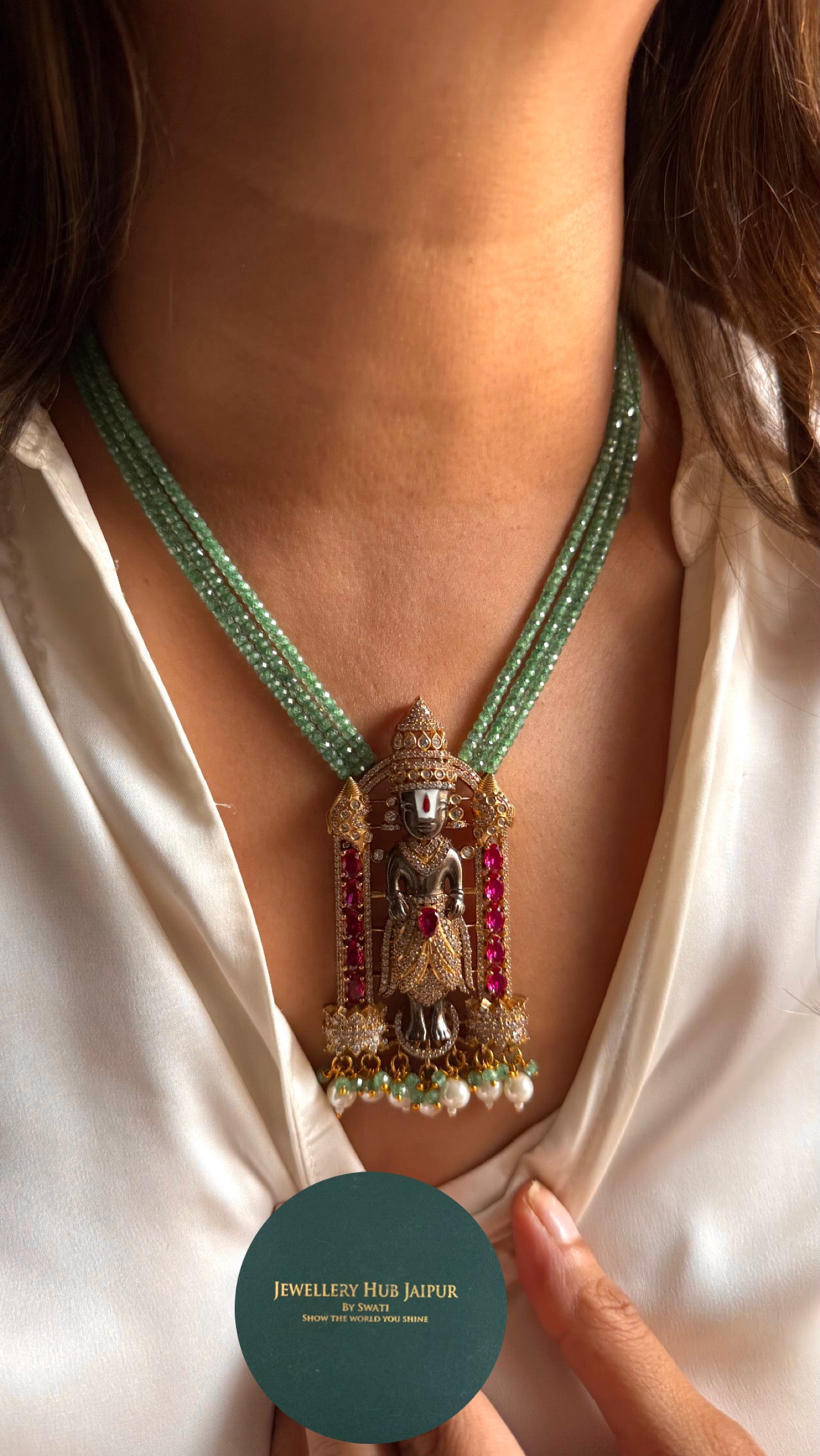 Lord venkateswara with mint pearl string pendant set