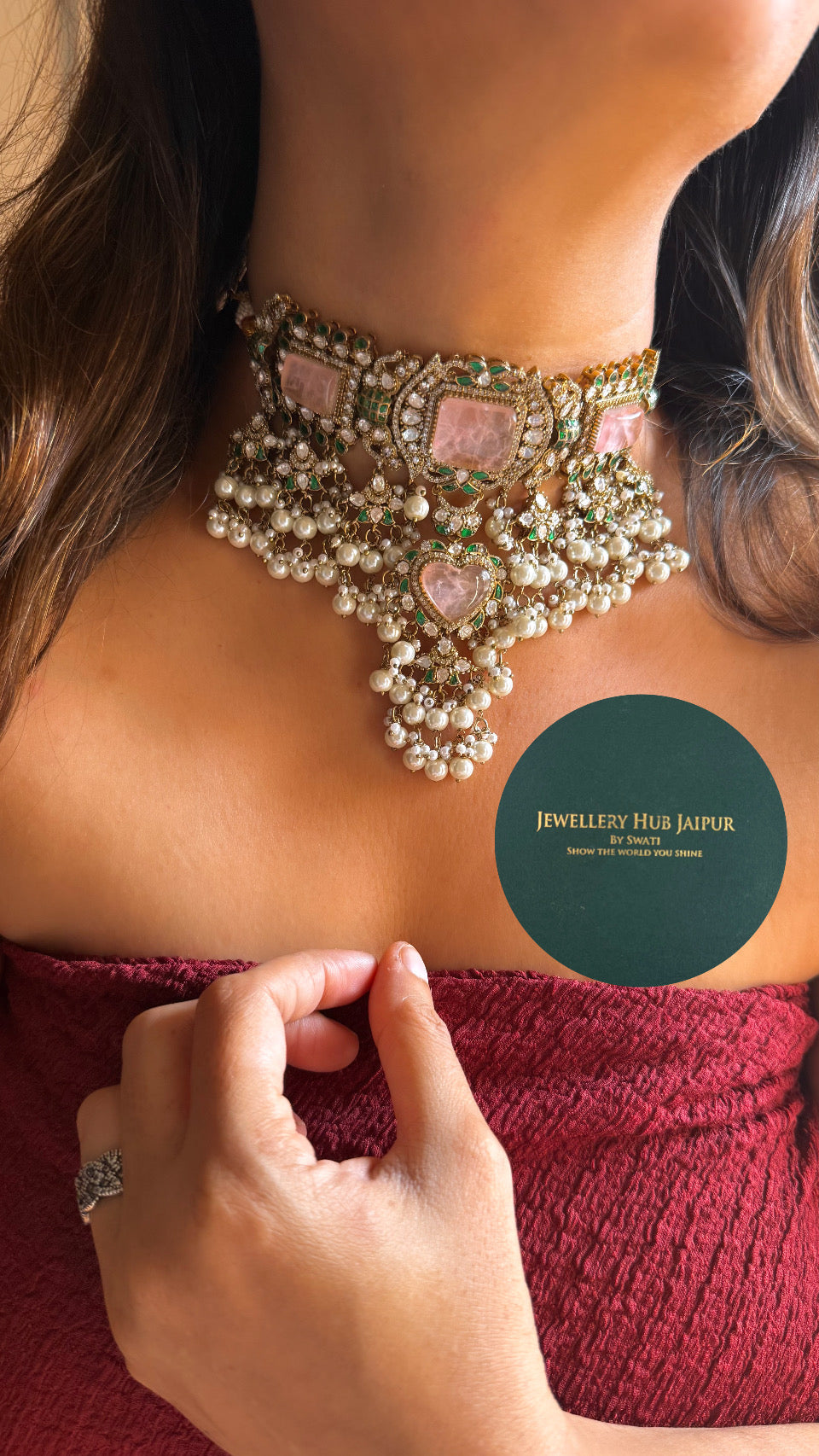 Rose quartz moissanite choker necklace set