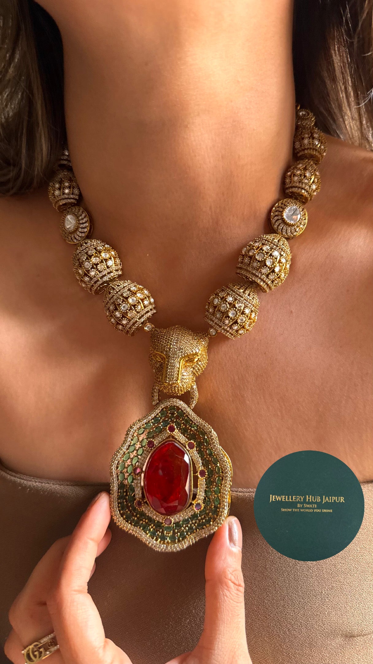 Ruby doublet with emerald cocktail leopard collar necklace