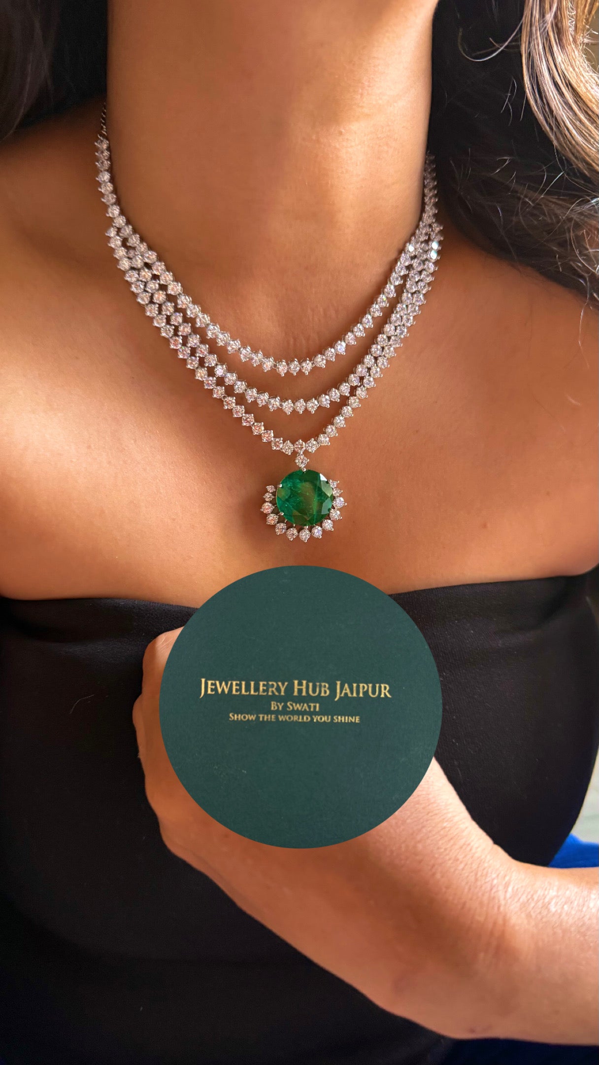 Emerald doublet triple layer cz diamond minimalist necklace