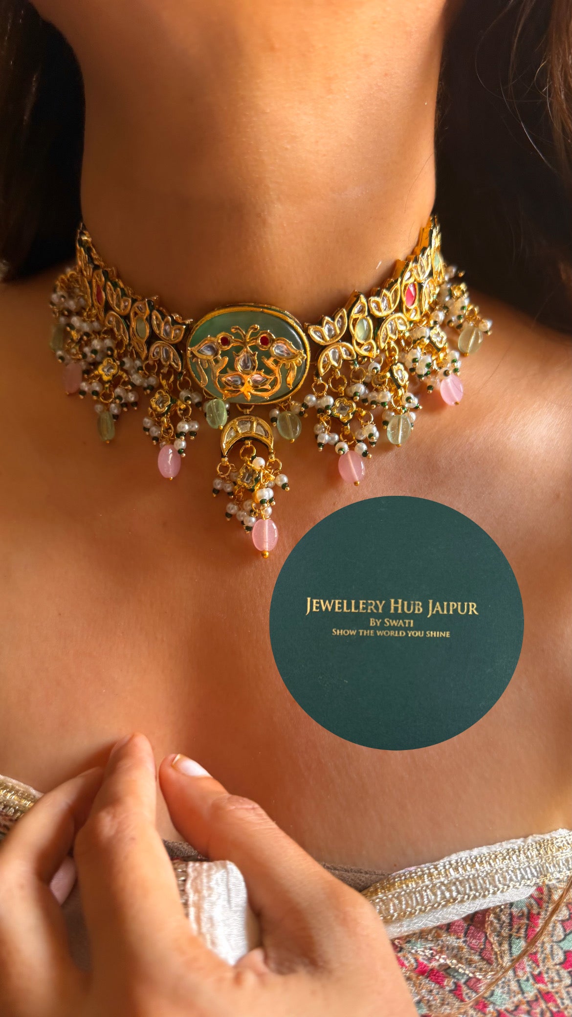 Mint peacock inlay work & emerald meenakari paachi with rose quartz drop choker set