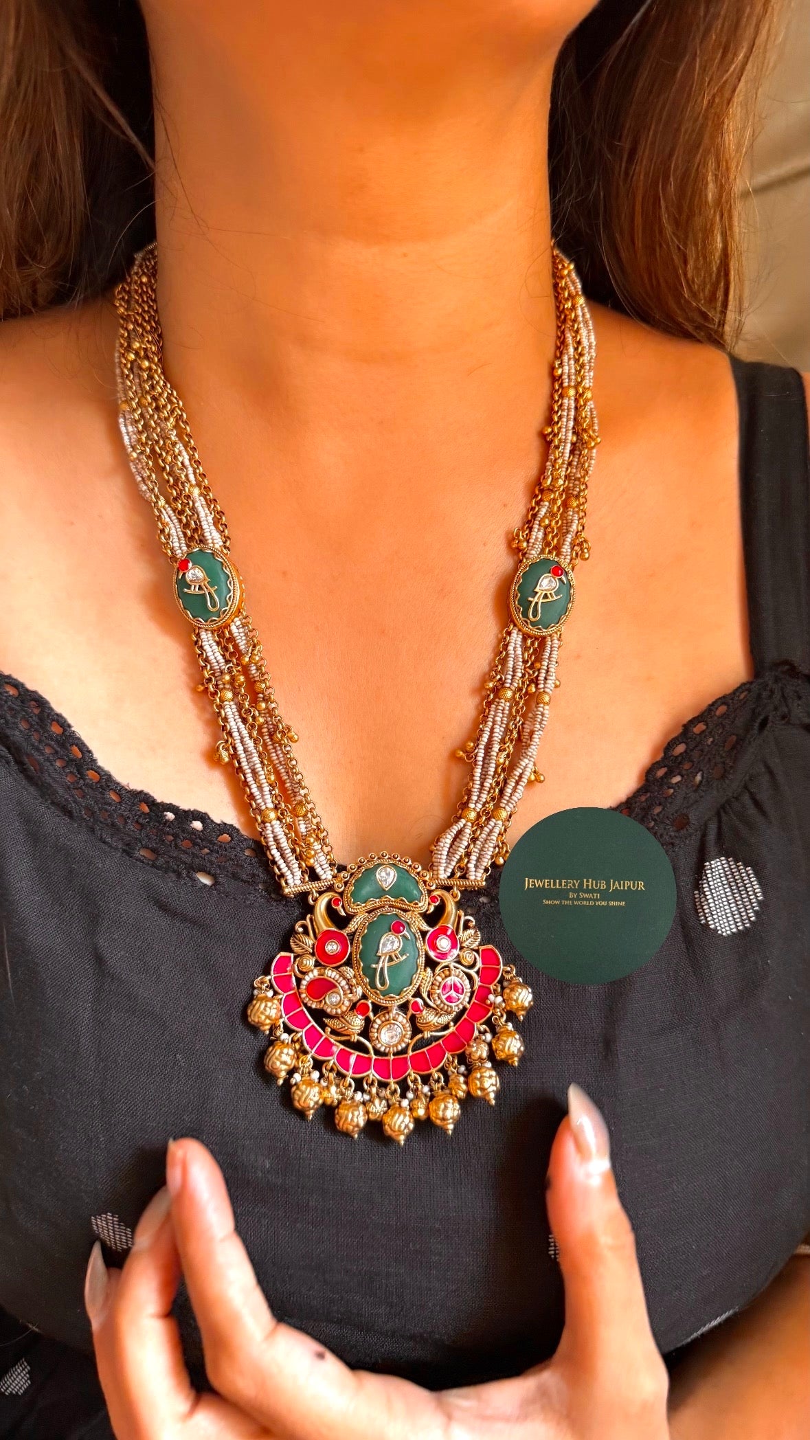 Emerald bird motif & ruby inlay rajwada set