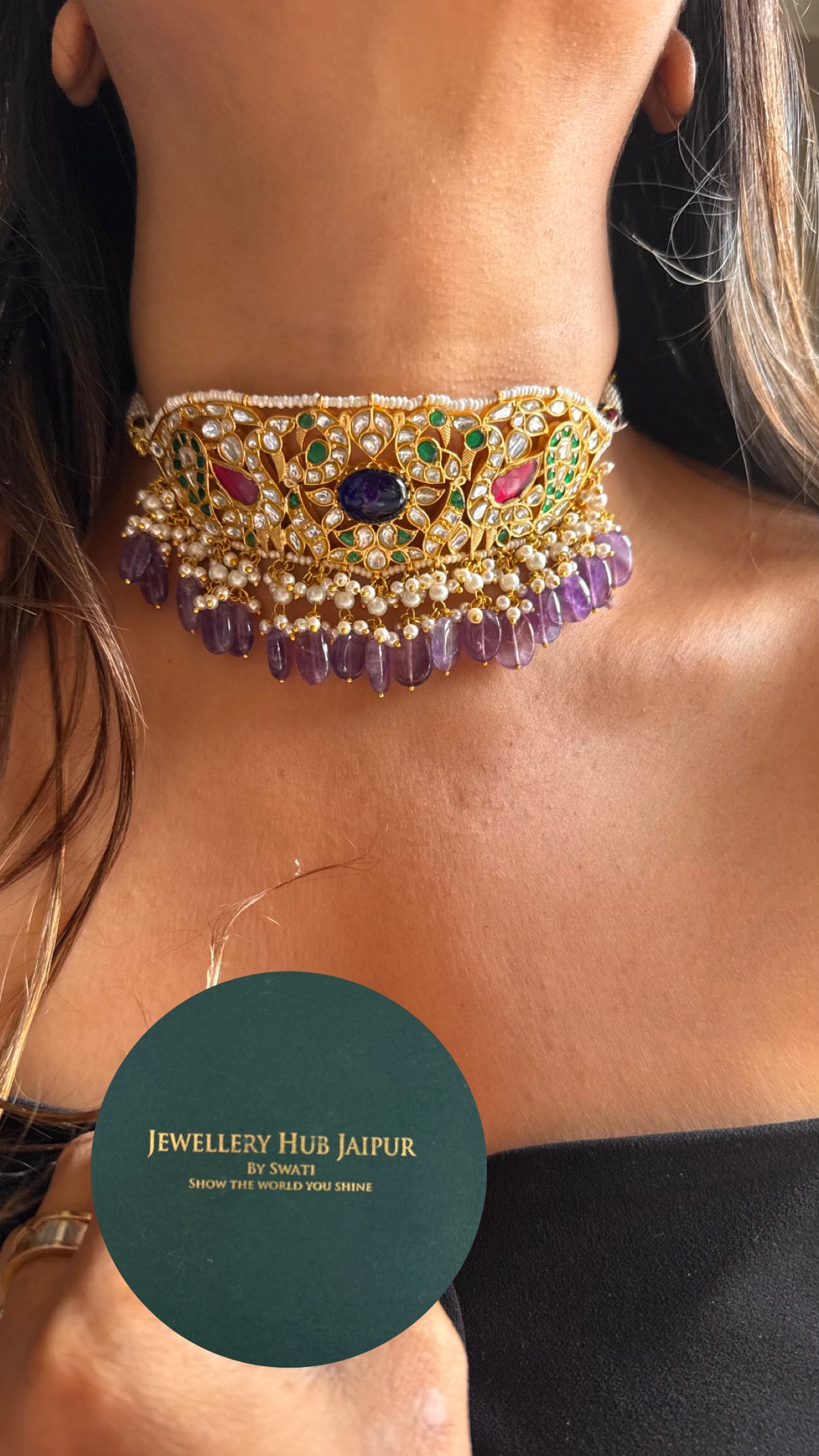 Heritage handmade paachi mixed polki necklace