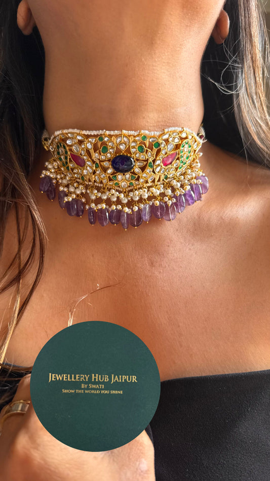 Heritage handmade paachi mixed polki necklace